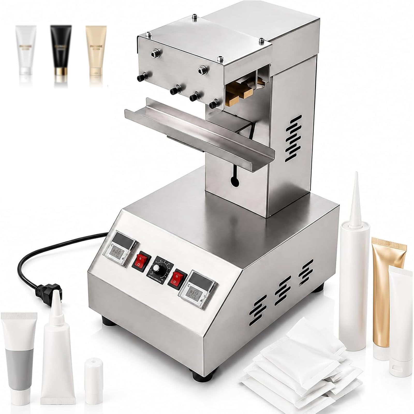 TYH Máquina Selladora De Tubos Eléctrica, Máquina Selladora Automática De Tubos con Funciones De Corte E Impresión, Temperatura Ajustable De 0 A 300 ℃, para Sellar Tubos De Cosméticos