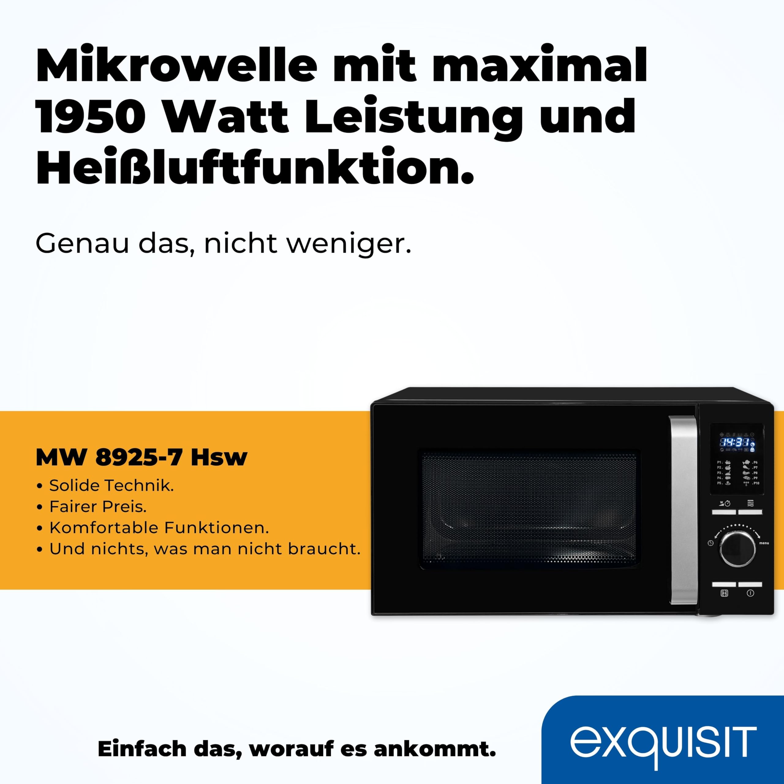 Exquisit Mikrowelle mit Grill und Heißluft - 25 Liter, 900 W | 27 cm Drehteller, 11 Leistungsstufen, 10 Automatikprogramme, Kindersicherung, elegantes Schwarz-Design