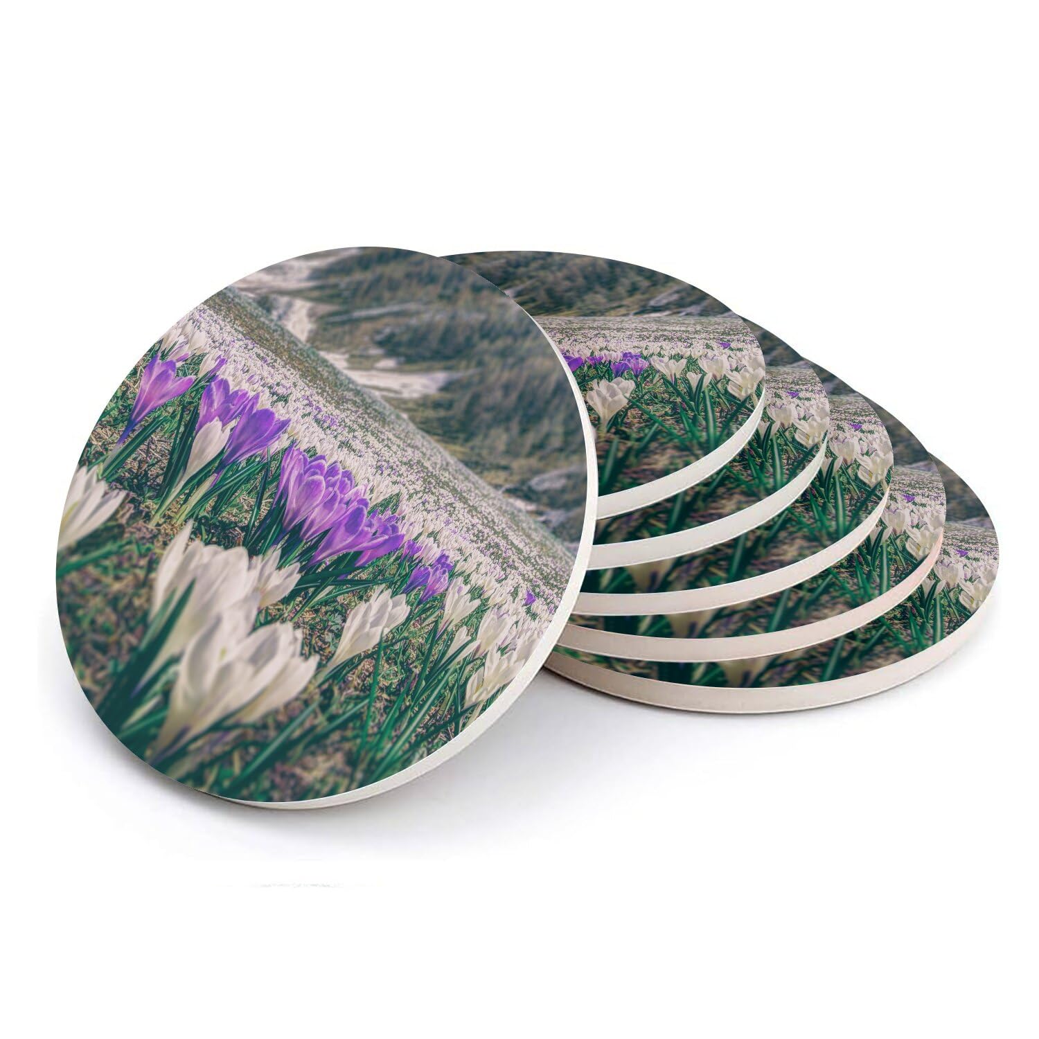 Sous-verre ronds en céramique haut de gamme illustration crocus sauvages