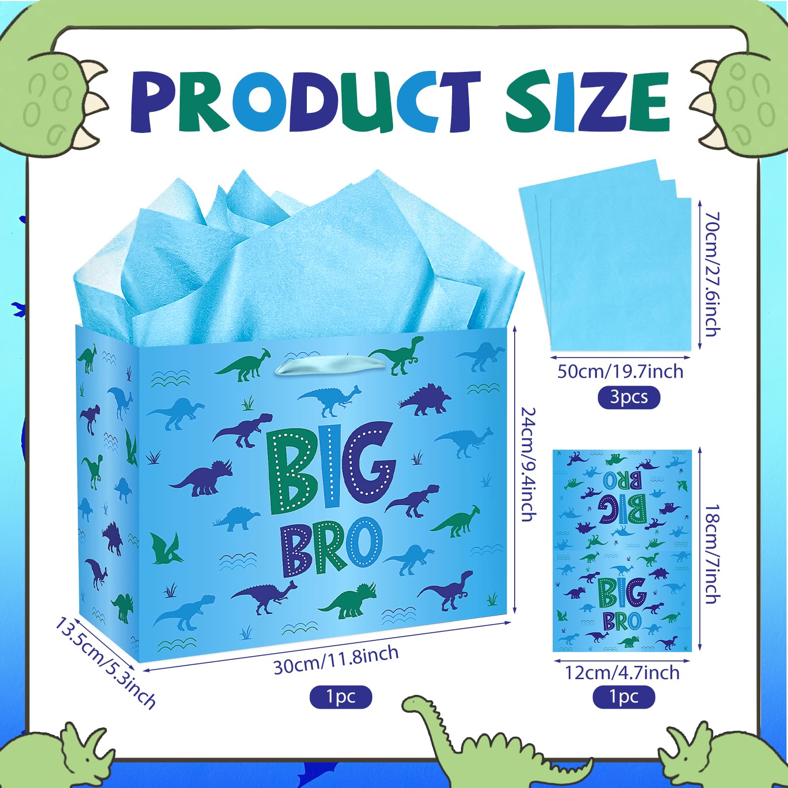Big Brother Gift Bag for Boys, Cute Big Bro Gift Bag with Tissue Paper and Greeting Card Blue Wrapping Paper Cartoon Dinosaur New Brother Party Decoration for Little Boy Birthday Party Supplies