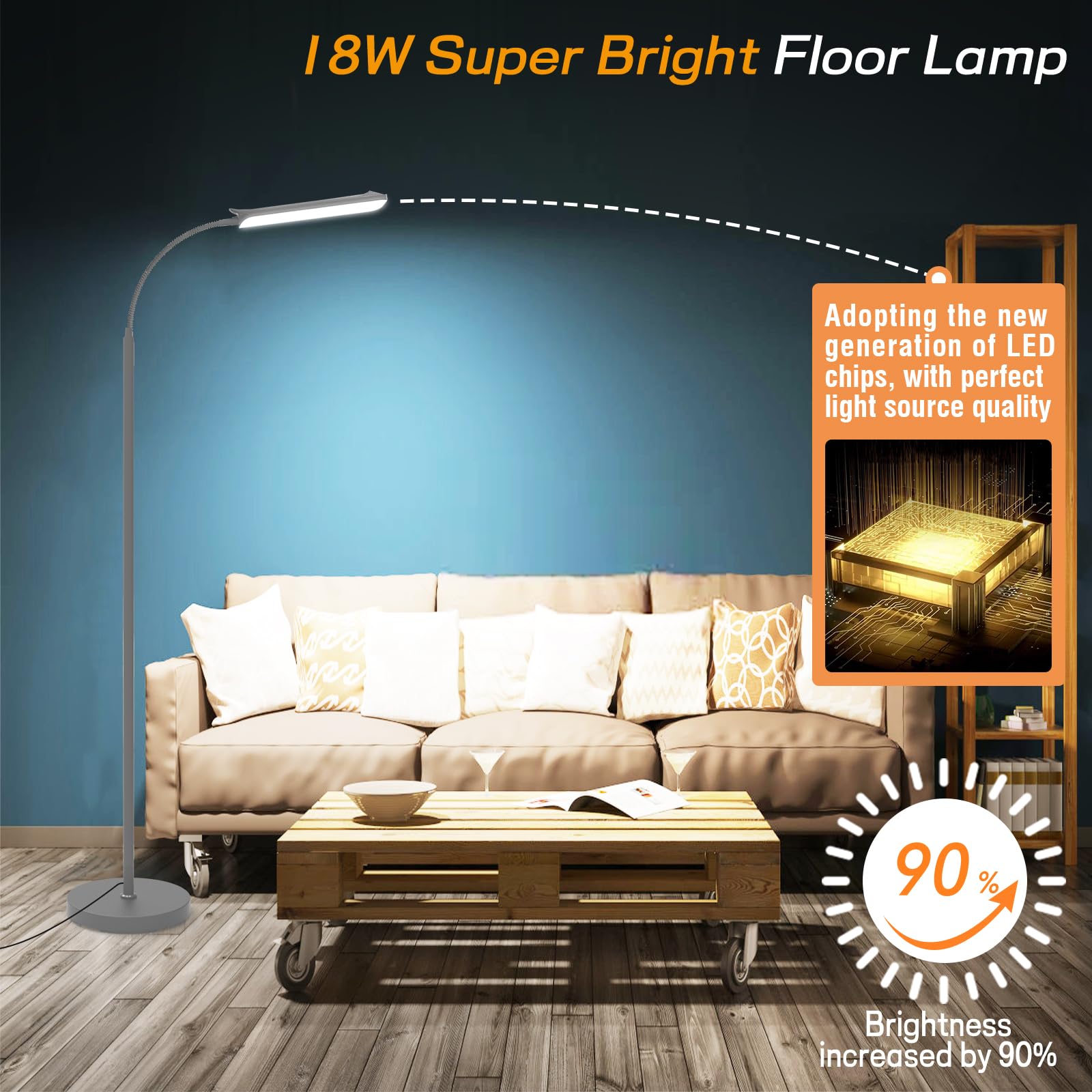 marctronic Grau LED Stehlampe Dimmbar, 18W 1800LM Stehlampe Wohnzimmer mit Fernbedienung, 165cm Stehleuchte 360° drehbar Augenschutz Leselampe Timer Standleuchte für Schlafzimmer BüRo