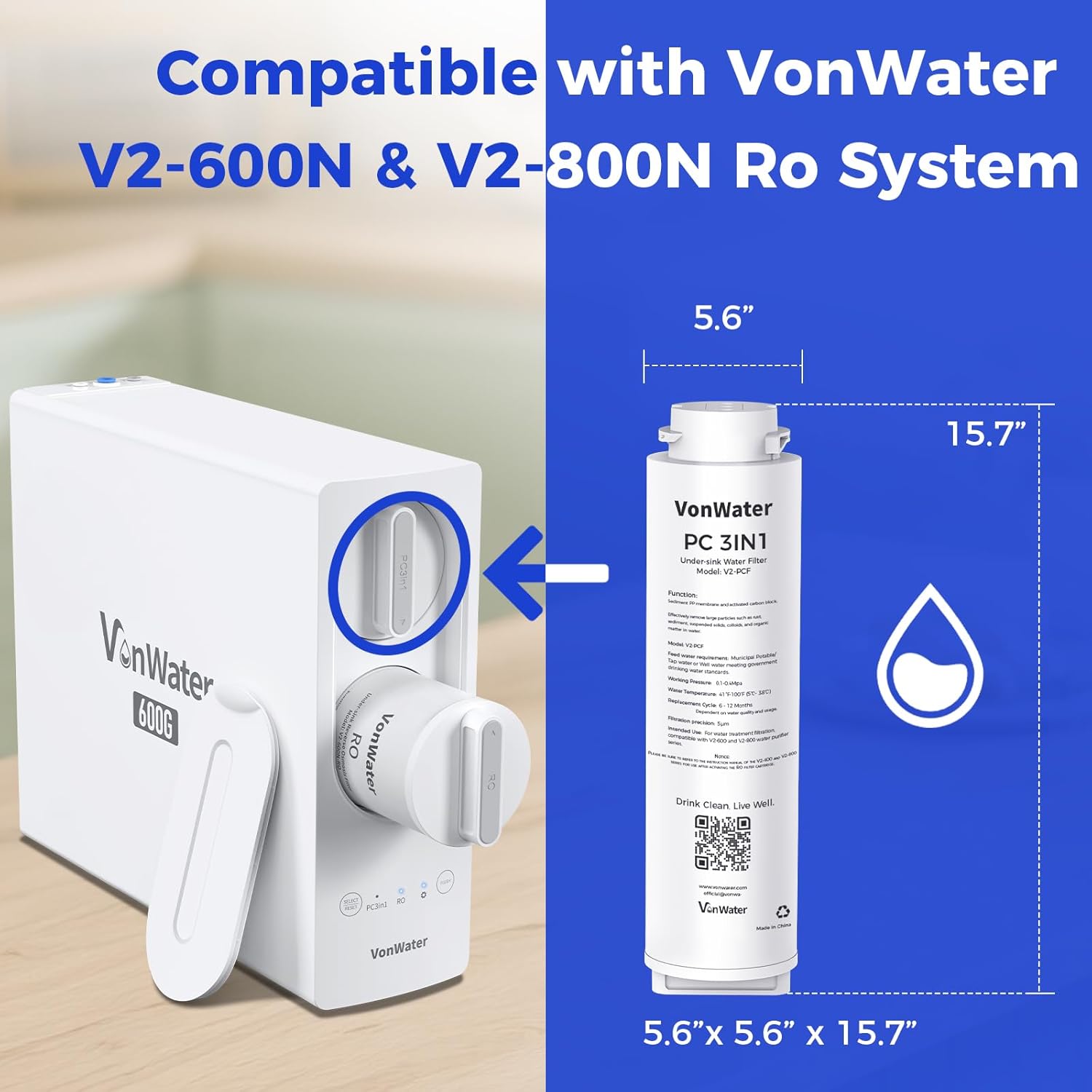 𝐕𝟐 𝐒𝐞𝐫𝐢𝐞𝐬 PC 𝐑𝐞𝐩𝐥𝐚𝐜𝐞𝐦𝐞𝐧𝐭 Filter, for 𝐕𝟐-𝟔𝟎𝟎𝐍 𝐚𝐧𝐝 𝐕𝟐-𝟖𝟎𝟎𝐍 Tankless Under Sink Reverse Osmosis System, 12 Month Lifetime, NSF/ANSI 372 Certified