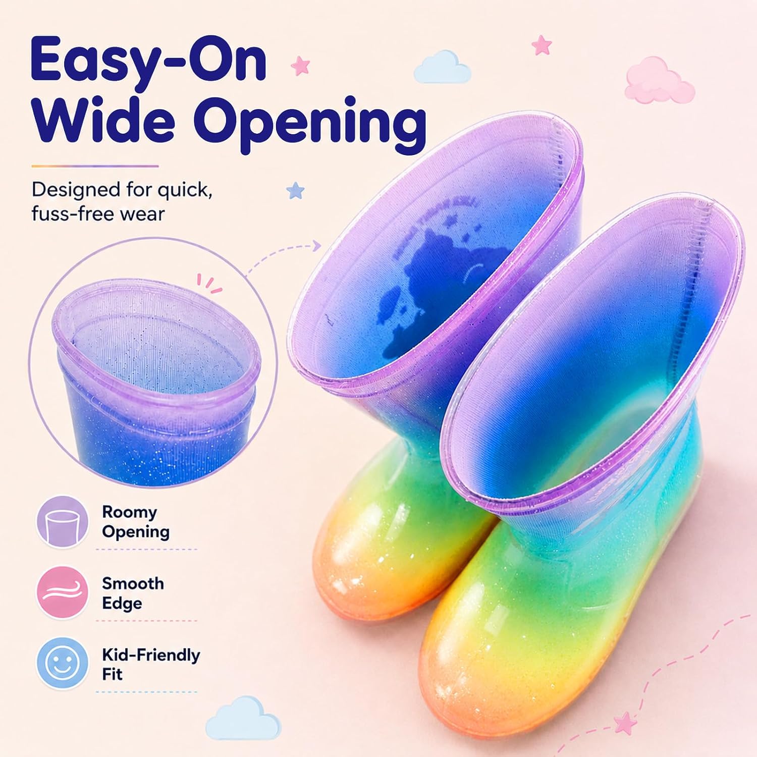 Kids PVC Rain Boots for Girls – Waterproof Lightweight Rainbow Fantasy Boots, Non-Slip Glitter Gradient Rain Shoes