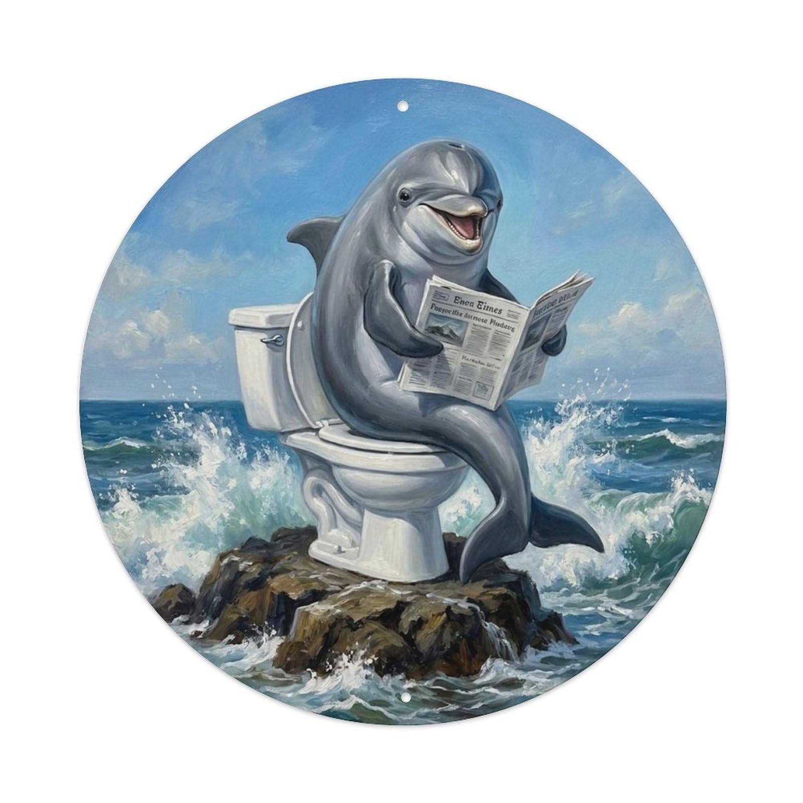 Dolphin On Toilet Humorous Bathroom Ocean Wave Reads Metal Tin Sign