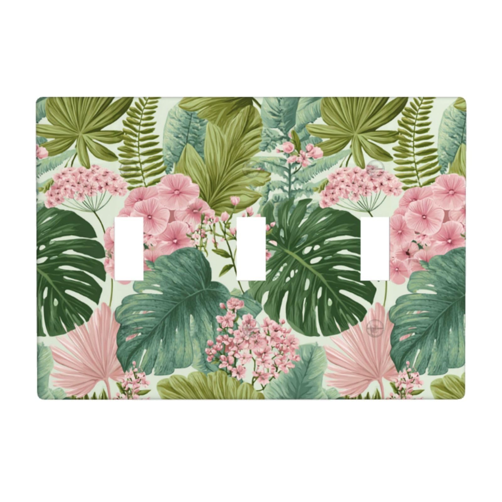 Woshuwo White Rainforest Floral Monstera Ferns Pink Flower Light Switch Covers 3 Gang Triple Toggle Wall Plate Switchplate Electrical Faceplate For Bathroom Kitchen Bedroom Decor