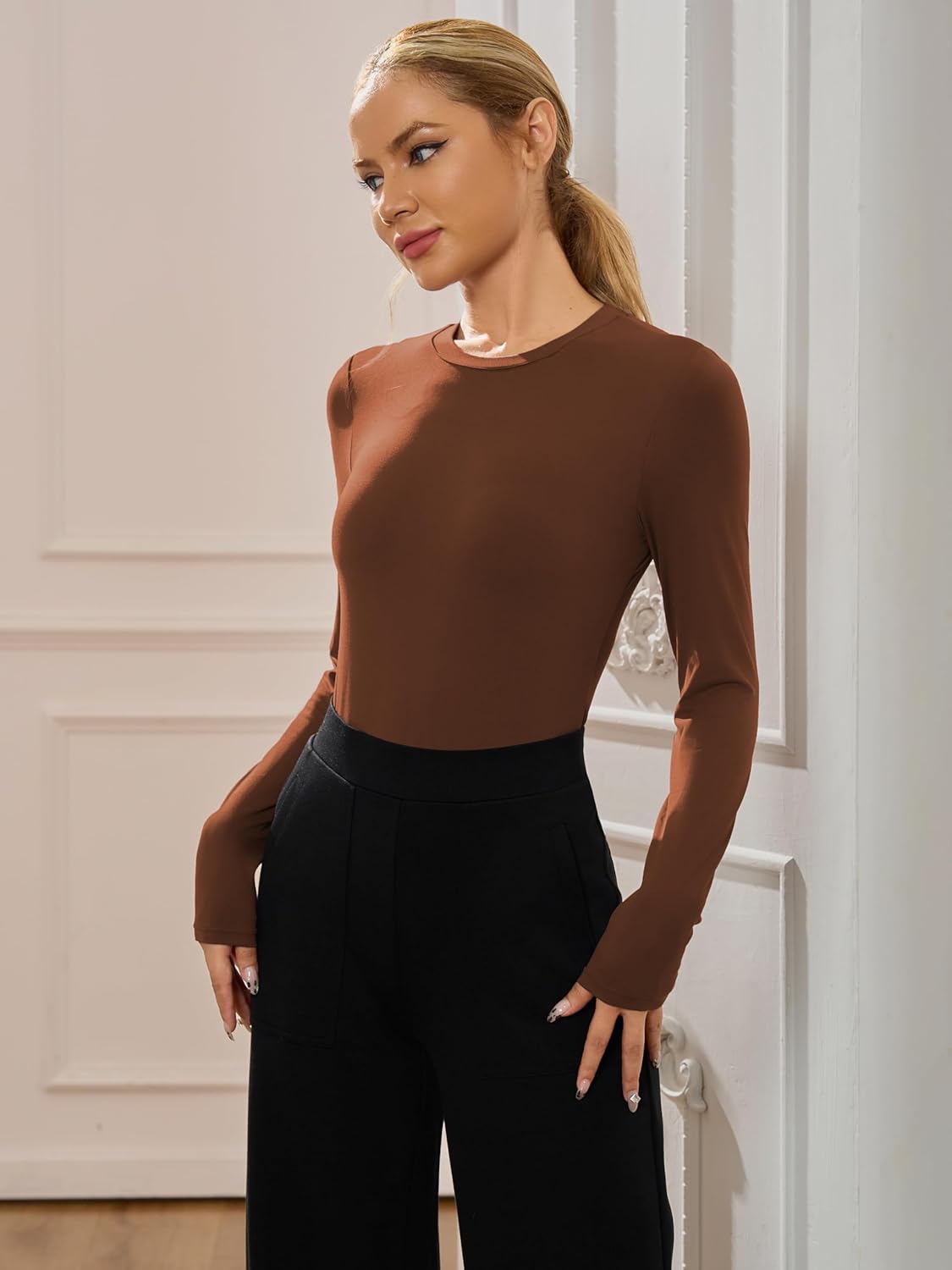 AFITNE Women’s Crew Neck Long Sleeve Bodysuit Basic Trendy Tummy Control Double Lined Thong Body Suit Tops Shirts - Image 5