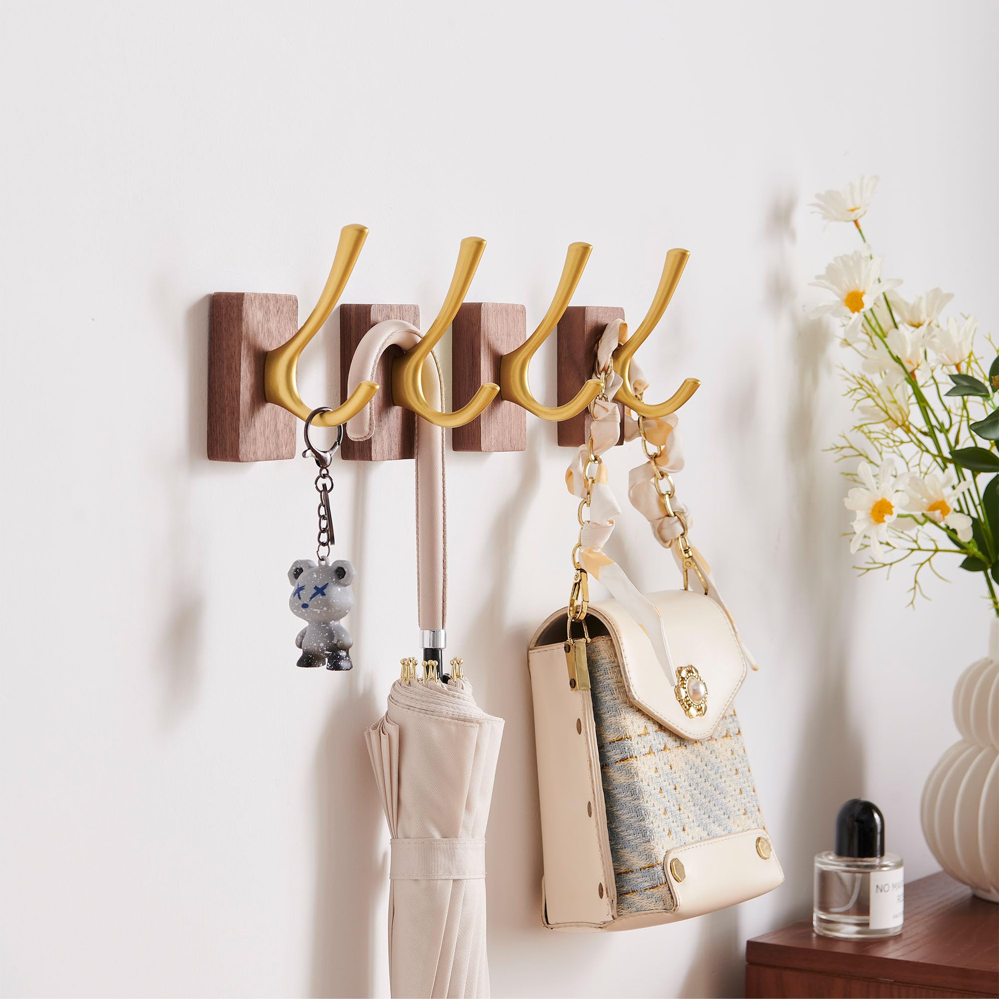 NIBNIE 4 Pack Walnut Wood Wall Hooks for Hanging, Adhesive & Drilling Mounted, Decorative Wooden Coat Hooks Wall Mount for Blanket Towel Robe Key