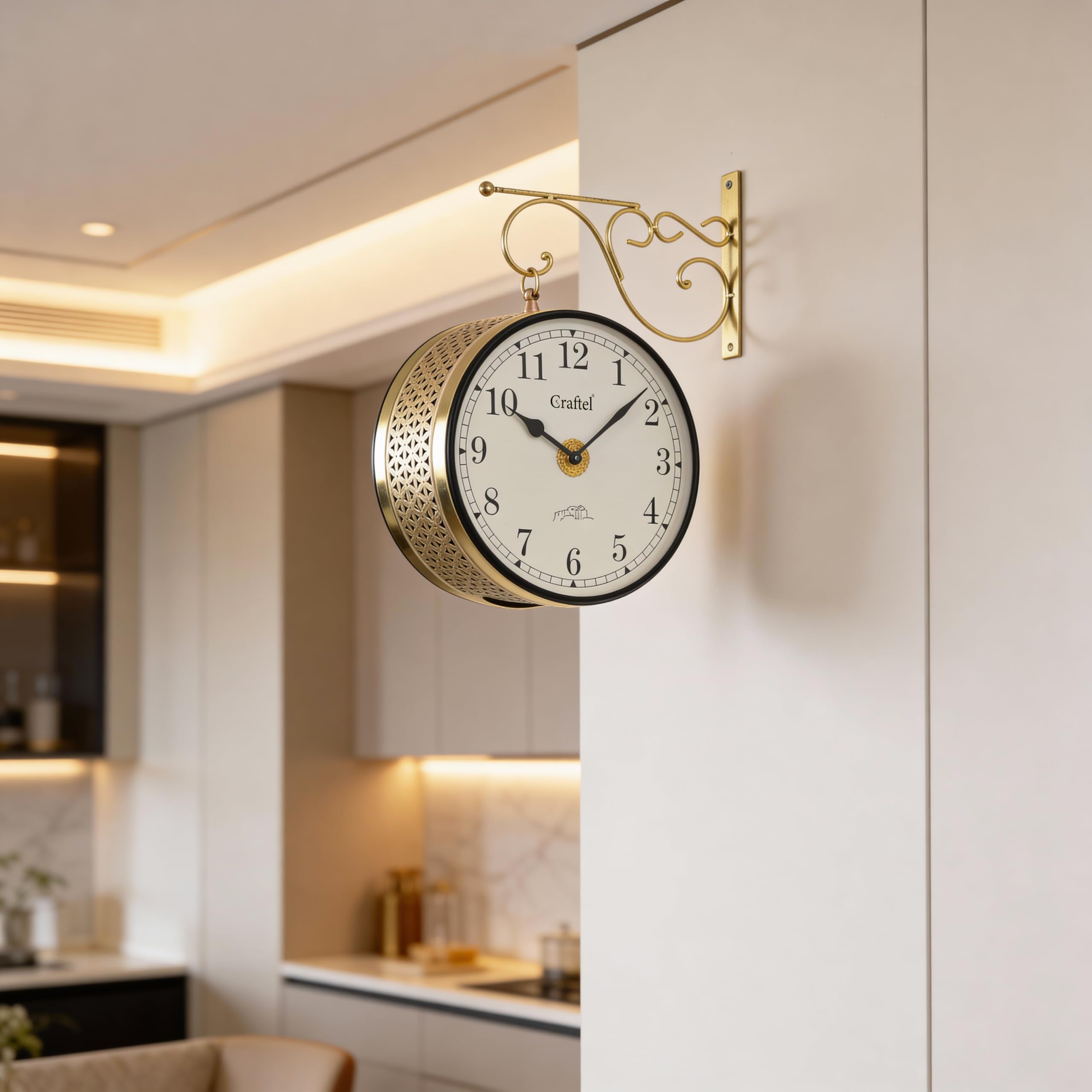 CRAFTEL Double Sided Station Wall Clock Multi-Layer Electroplated | Aluminum Matte-Finish Dial Metal Body | Dial - 10 Inches, Shiny Gold | 365 Days Warranty 1