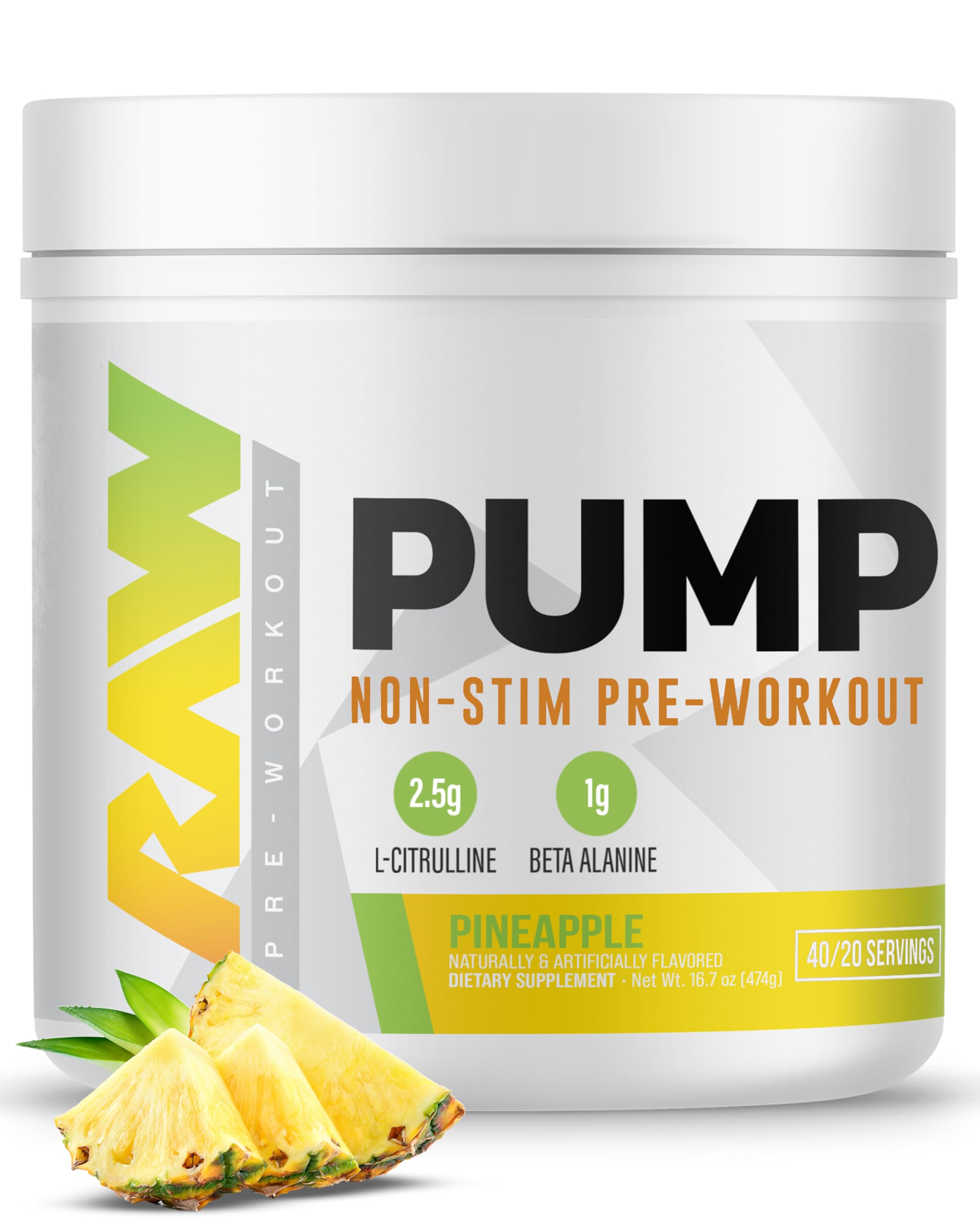 RAW Pump Stim Free Pre Workout (Pineapple) - Non-Stimulant Pre Workout Supplement Powder Nitric Oxide Booster - Pre Workout Supplements Drink for During Workout - 40 Servings