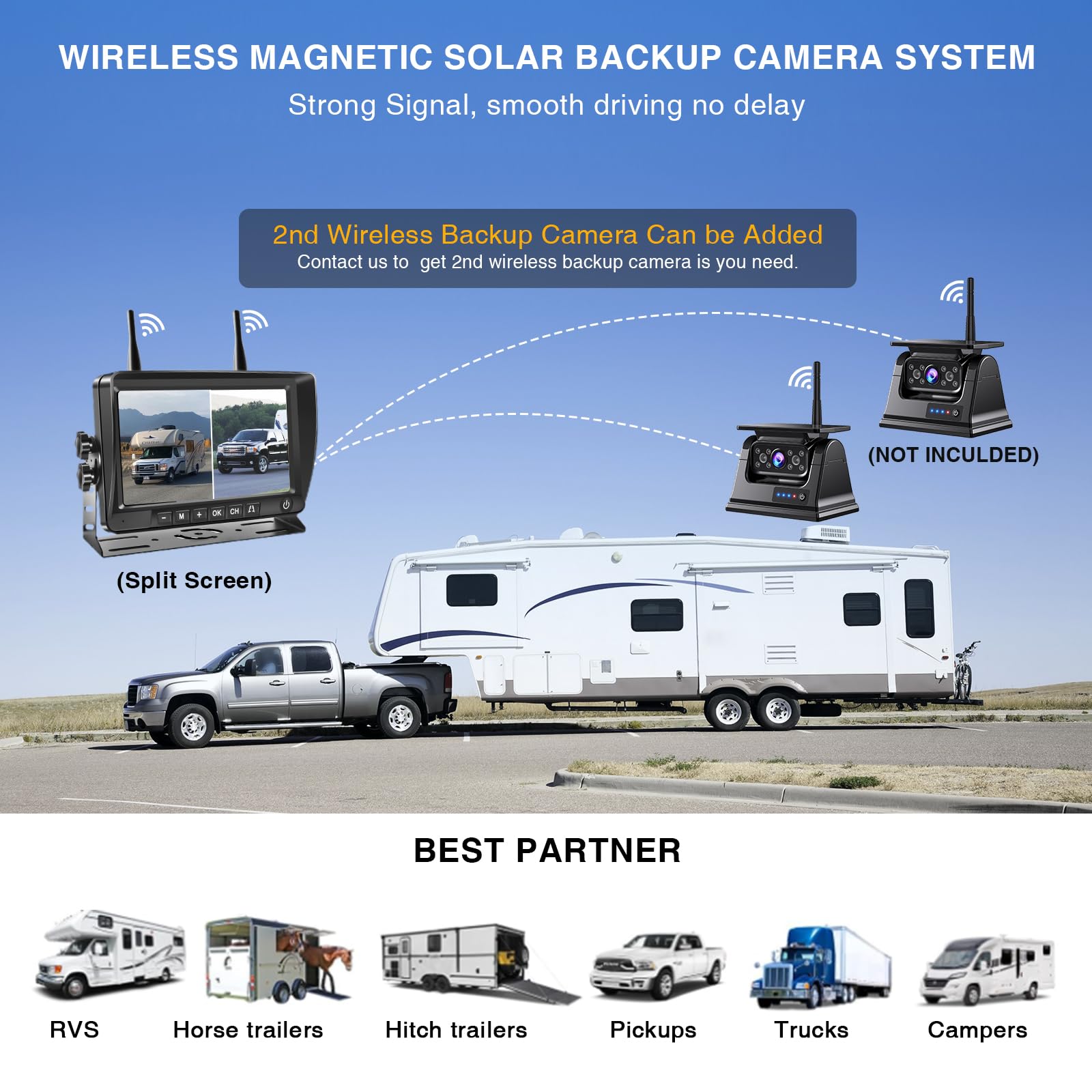 PARKVISION Kit Caméra de Recul sans Fil Solaire 1080P - Écran IPS 7" avec Batterie 9600mAh, Caméra Recul Magnétique - Vision Nocturne pour Camping-Car, Camion, Véhicule Utilitaire (2 Entrées Vidéo)