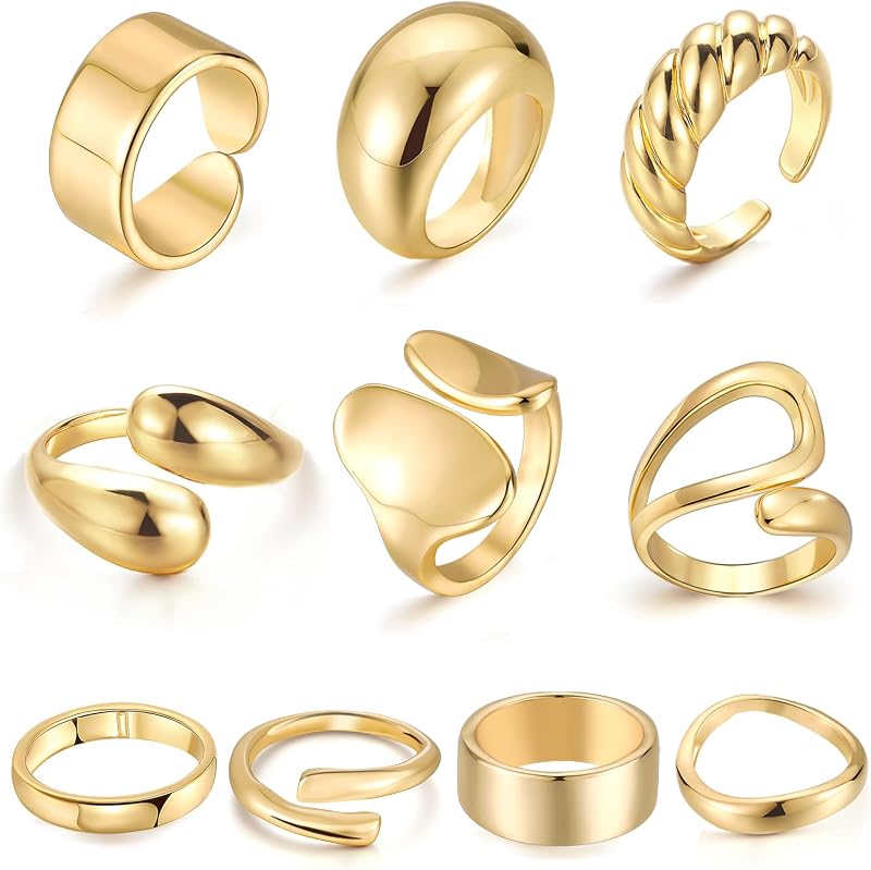 ÌF ME Gold Rings Set for Women Non Tarnish, 18K Gold Plated Chunky Rings | 10 PCS Stackable Rings, Statement Stacking Womens Ring Pack, Band Rings, Jewelry Gifts for Women