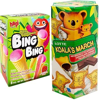Hapi Bing Bing Cone Snack with Strawberry Filling 2.5 oz & Lotte Koalas March Chocolate Cream Cookie 1.45 oz Snack Bundle