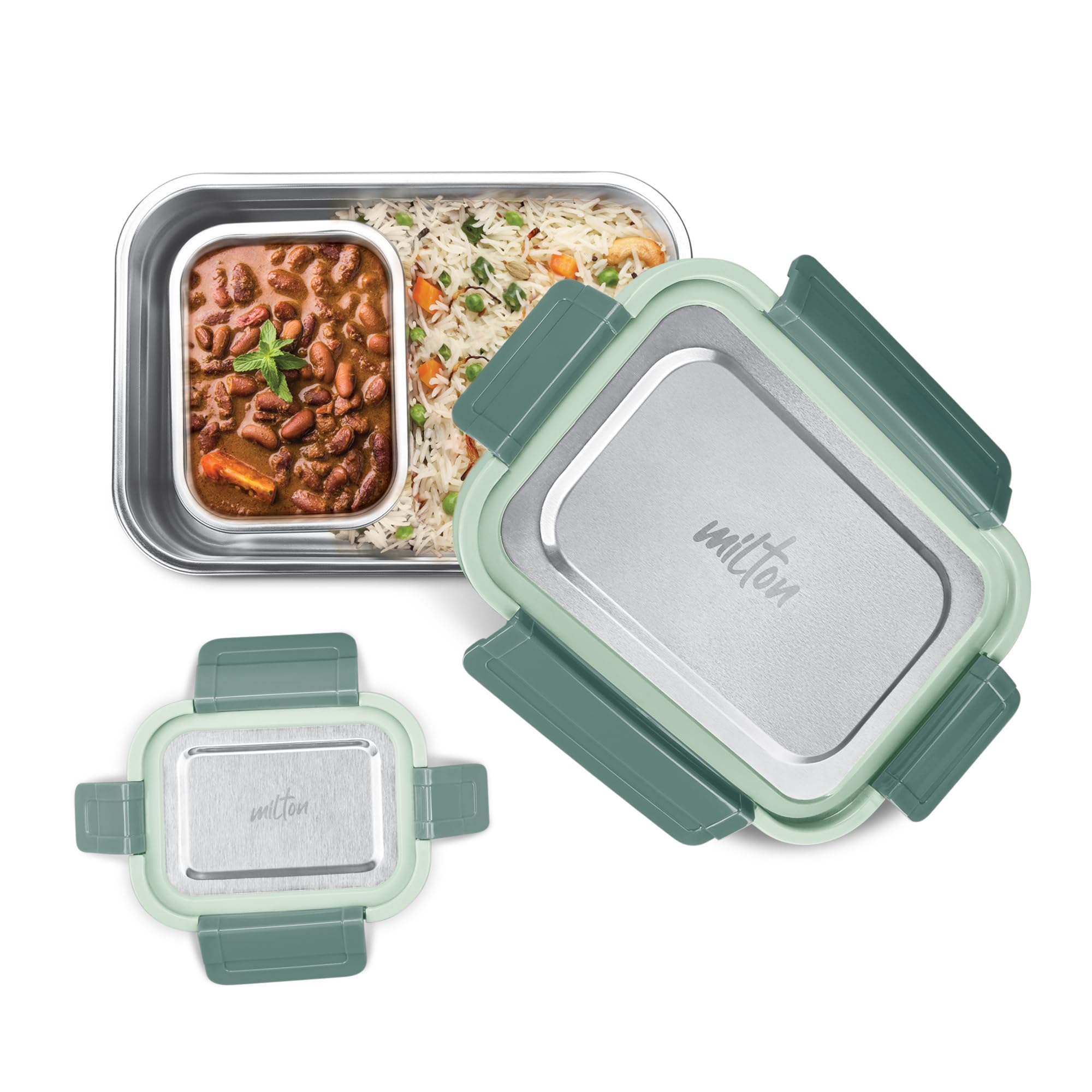 MILTON Home Meal Jr. Stainless Steel Airtight Leak-Proof Lunch Box, Snacks Tiffin for Kids, Light Weight,Easy to Clean, For Office, School,Picnic & Travelling, Set of 2 (770 ml, 180 ml),Military Green