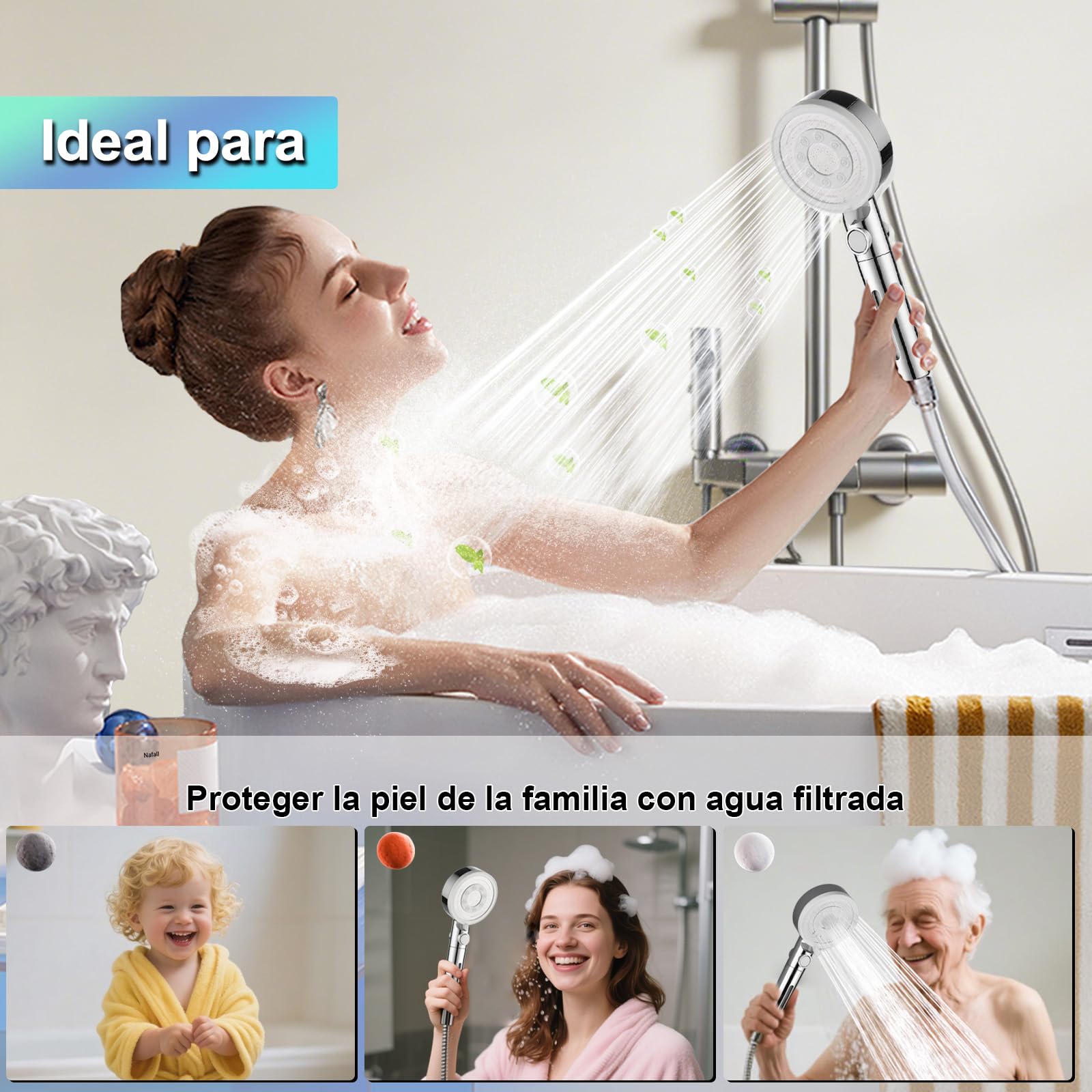 Alcachofa Ducha con Manguera, Alcachofa de Ducha con Filtro Alta PresióN para Ahorrar Agua con 5 Modos, Shower Head with Hose para Zonas con Baja PresióN de Agua, Cromado Blanco