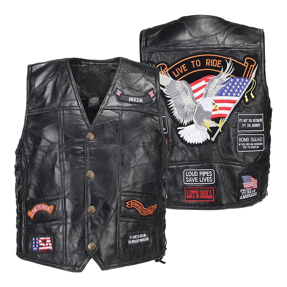 WalnutKing Men Leather Motorcycle Jacket Vest Plastered Embroidery Cool Patches Biker Vest (US, Alpha, Large, Regular, Regular, Elage9)