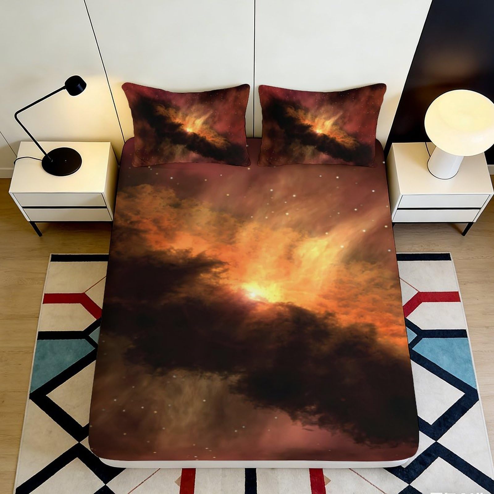 3D Printed Fiery Galaxy Fitted Sheet Microfiber Soft Breathable Cosmic Nebula Bed Cover for Bedroom Dormitory Guest Room Mattress Protection Decor 200x200x25cm