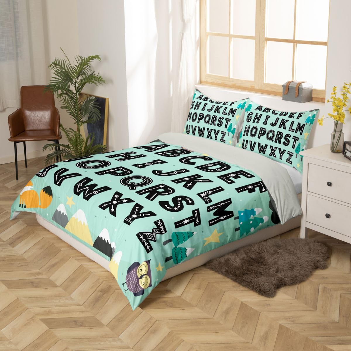 Loussiesd Alfabet dzieci ABC nauka poszewka na kołdrę super king size chłopcy dziewczęta uroczy lis zestaw pościeli oddychająca miękka edukacyjna przedszkole sztuka poszewka na kołdrę 3 szt. leśne