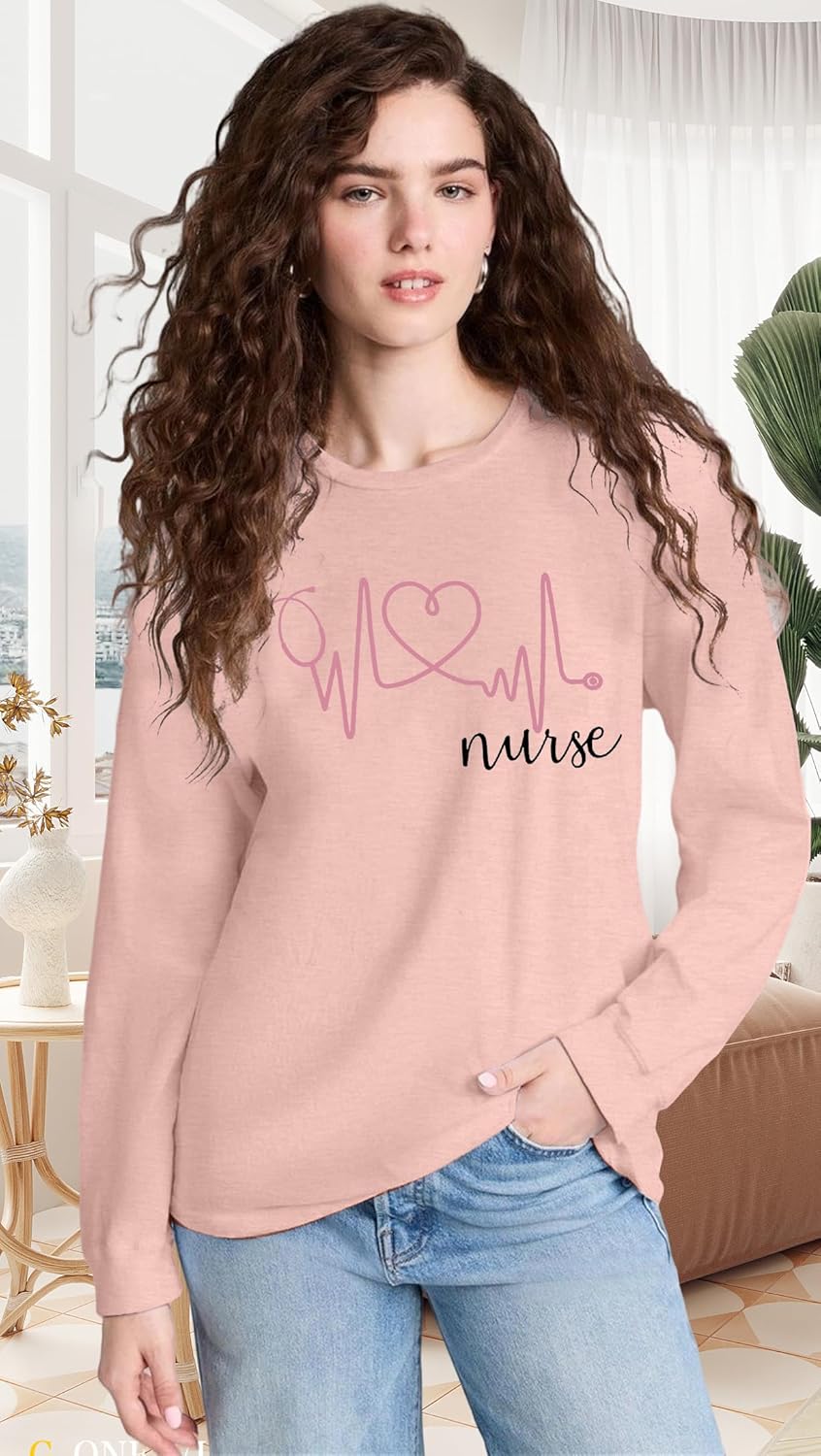 SFHFY Nurse Shirts for Women Heartbeat Print Tops Casual Long Sleeve Heartbeat Love Pullover for Nurse Life Shirt - Image 2