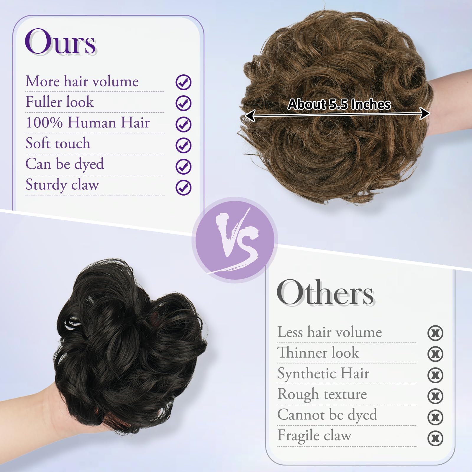 RUWISS Claw Clip Messy Bun Hair Piece Large Real Human Hair Bun Wavy Curly Chignon Hair Bun Extensions Tousled Updo Hair Pieces for Women Claw Clip Ponytail Hair Scrunchies for Women Medium Brown - Image 3