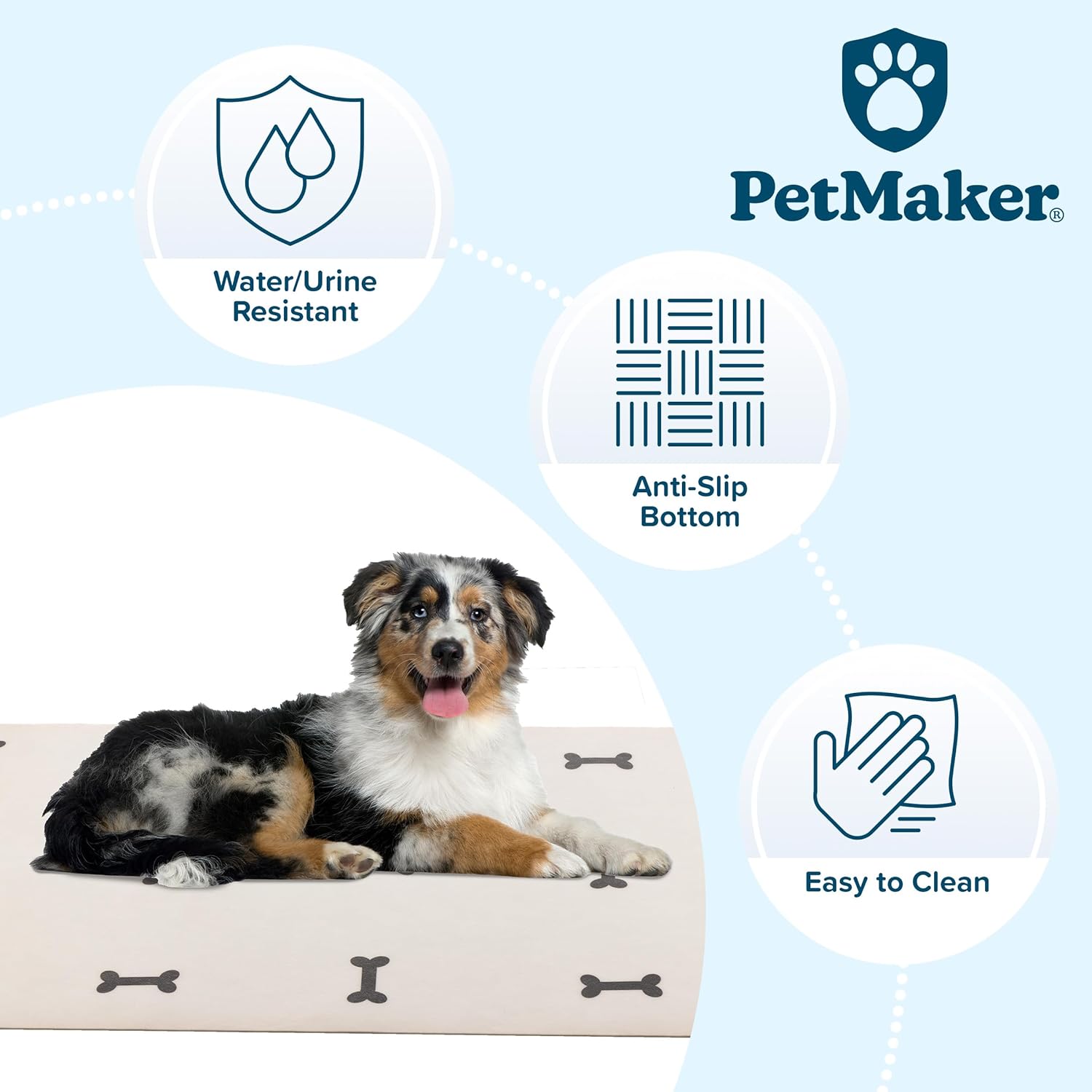 Dog Mat for Food and Water, Crate Pad, and Floor Protector - 55” x 28” Extra Large PVC Memory Foam Pad with Non-Slip Bottom - Stain, Scratch, and Water-Resistant Floor Mat by PETMAKER (Dog Bones)