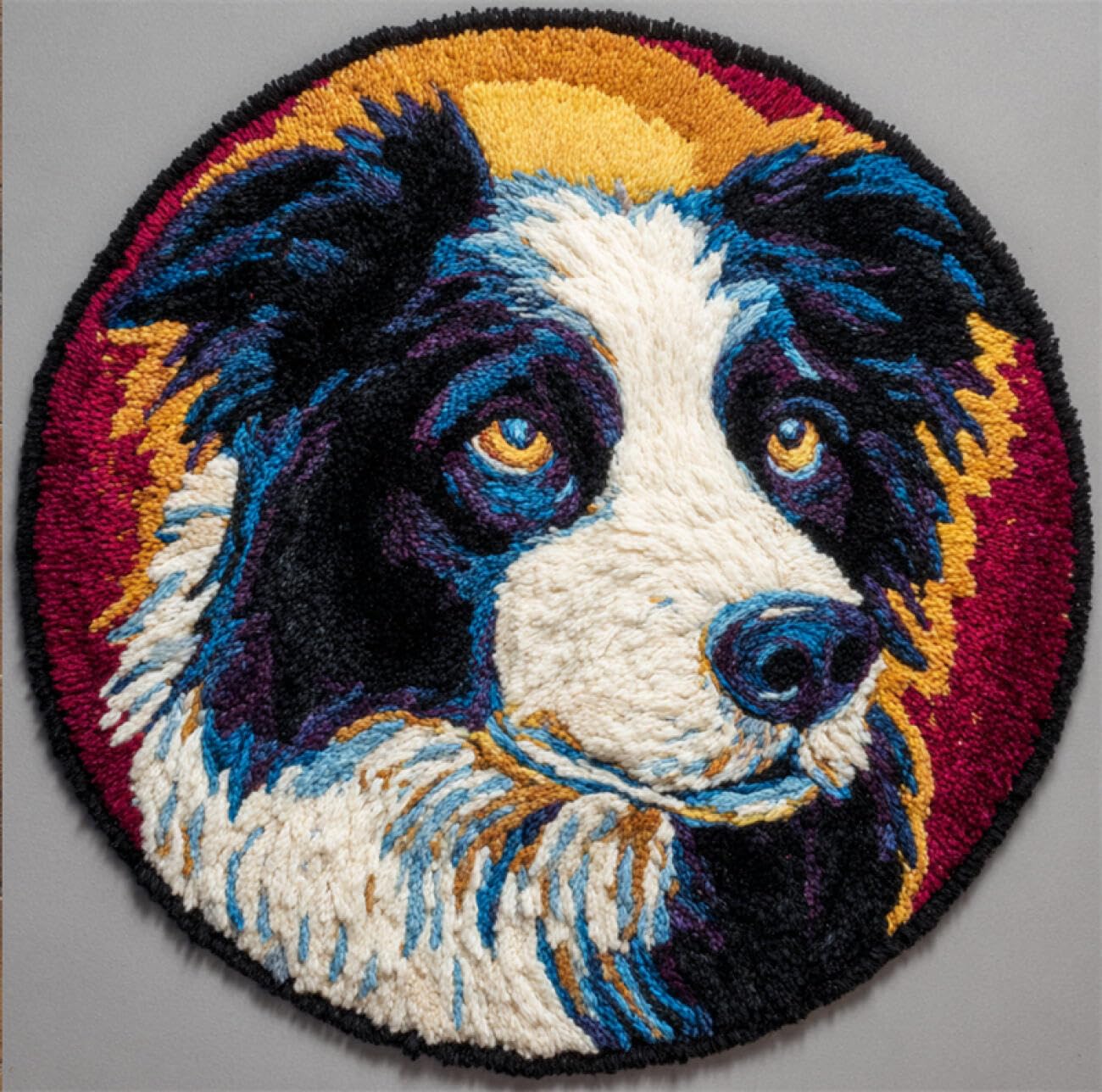 Kitquiver Dog Animal Rug Making Kit for Adults Black and White Border Collie DIY Crochet Kits Needlework Crafts for Home Decor，Latch Hook Kits for Beginners Adults 50x50cm