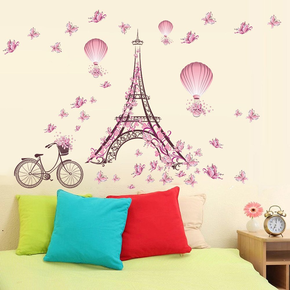 Wallpark Romantyczny różowy motyl Paryż wieża Eiffla kwiat balon na gorące powietrze usuwalna naklejka ścienna kalkomania, dzieci dzieci dziecko dom pokój przedszkole DIY dekoracyjny klej artystyczny