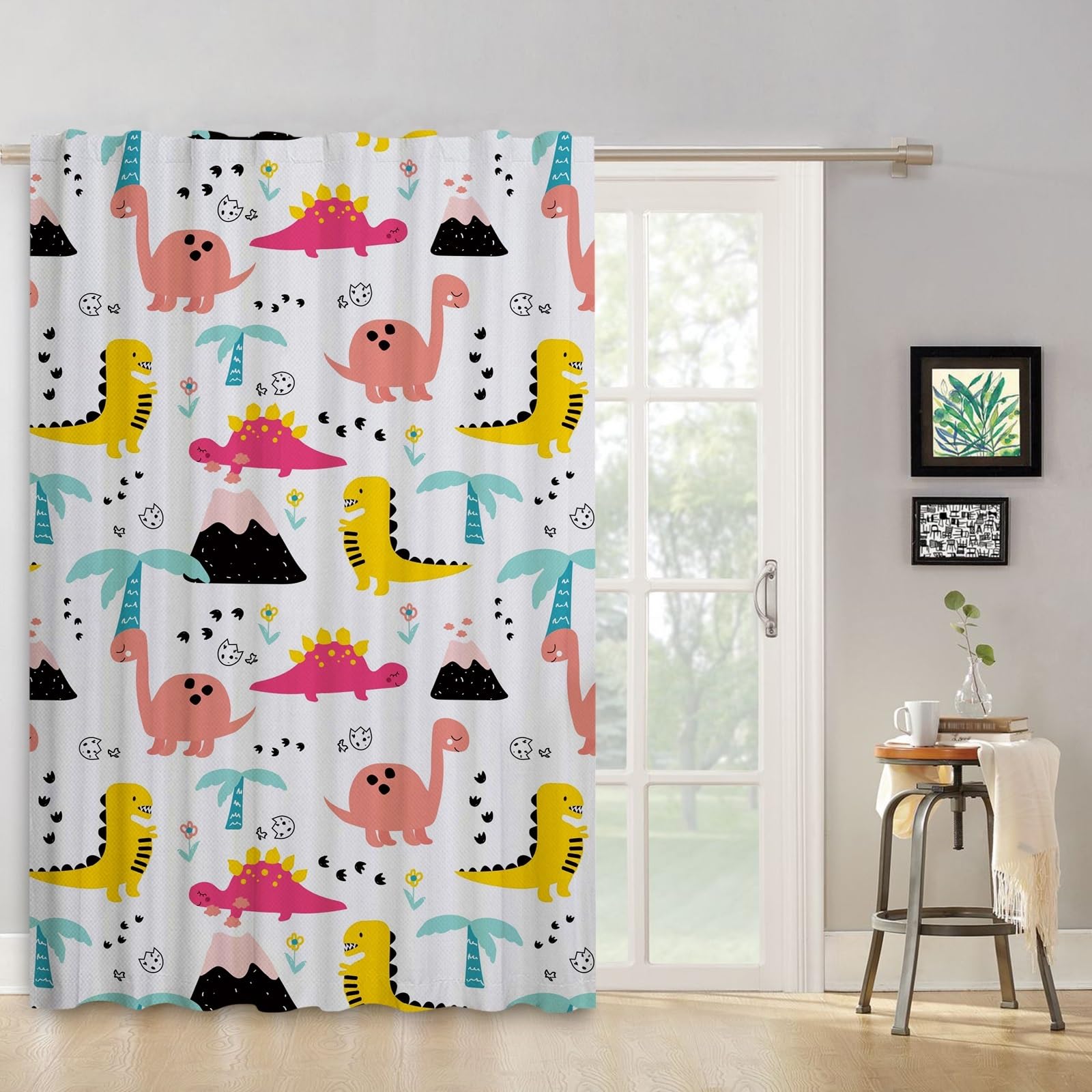 ggaimwf 42"x 63" Cartoon Dinosaur Rod Pocket Curtain for Kids Bedroom Flower Linen Look Room Dividers Light Filtering Privacy Window Drapes for Nursery Boys Girls Playroom Living Room,1-Single Panel - Image 3