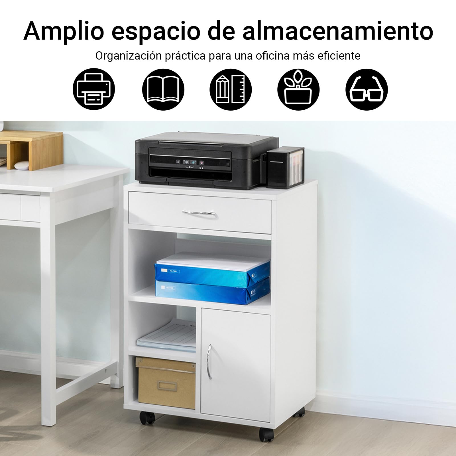 SoBuy Mueble para Impresora con Ruedas - Cajonera de Oficina, Mesa Auxiliar con Ruedas, Armario Auxiliar para Oficina y hogar, Mueble Multifuncional Blanco 50x40x75cm FBT106-W