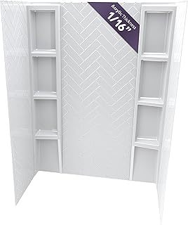 Noah William Home White Acrylic Shower Wall Surround D36 x W60 x H80 - Waterproof, Easy-to-Install, Includes Two Shelf Units - Shower Wall Surround Panels, Chevron Tiles Pattern, Classic Shelves