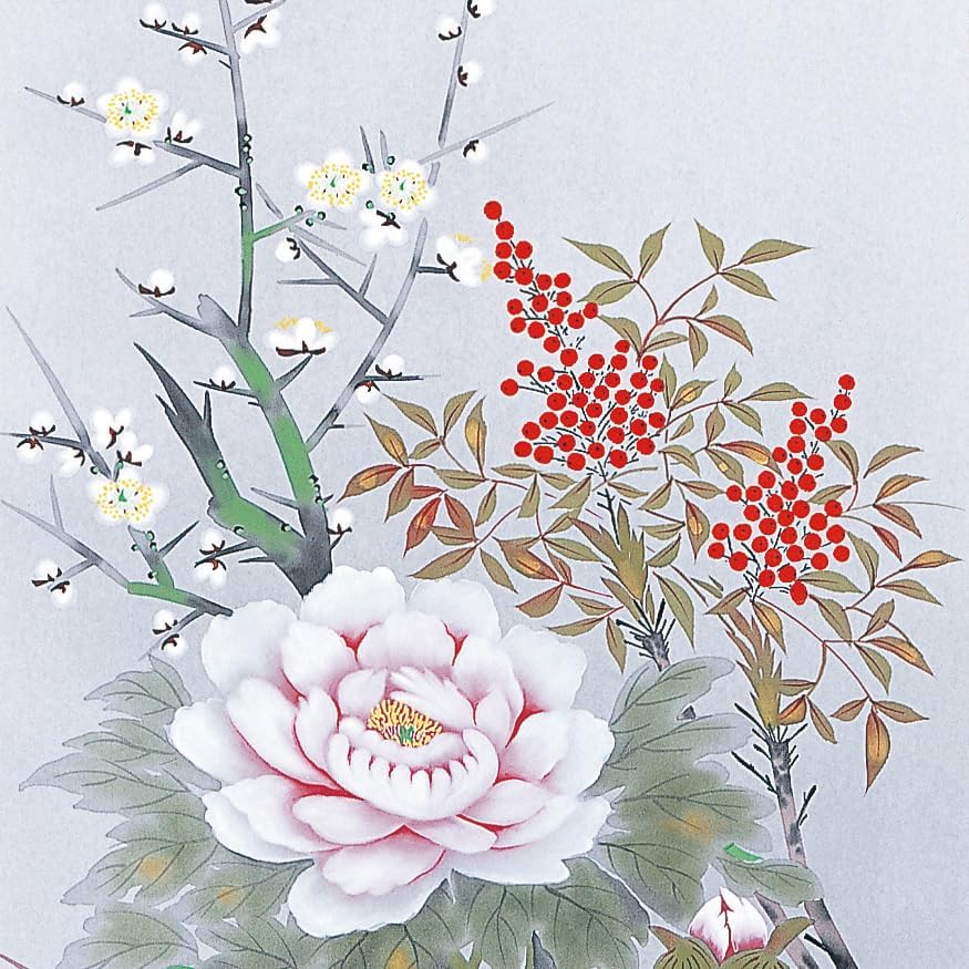 手描き 掛け軸 「四季花」樫原誠一 尺五立 幅54.5&times;丈190cm 桐箱収納 モダン 手描き 掛け軸 床の間 和室 おしゃれ 壁掛