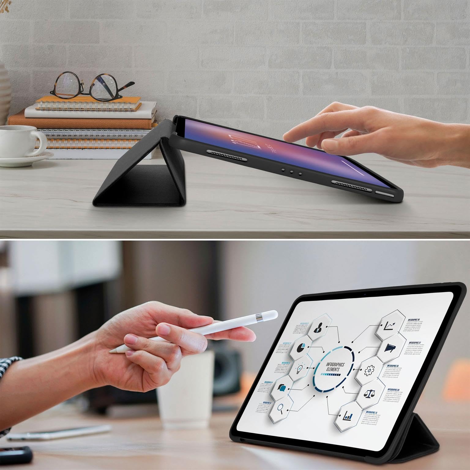ONEFLOW Hülle für iPad Pro 13 (2024/2025) Schutzhülle ultradünn mit Ständer, Cover mit Auto Schlaf/Wach Funktion, Flip Case mit Magnet Standfunktion, Folio PU Leder Case, Schwarz