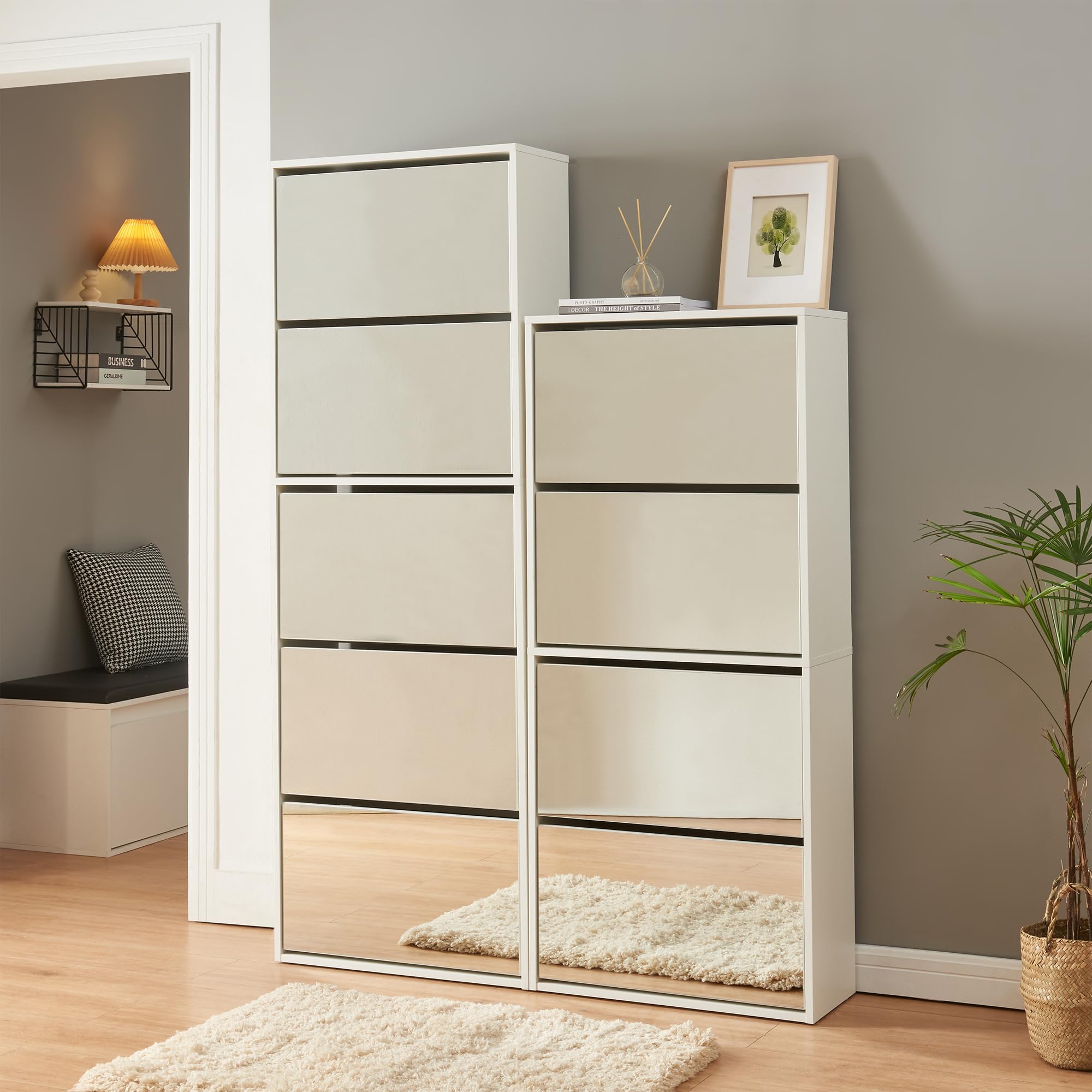 [en.casa] Armario Zapatero con Espejo Lund Mueble Zapatero con 5 Puertas Abatibles Organizador de Zapatos para 20 Pares de Calzado 169 x 60 x 24 cm Blanco