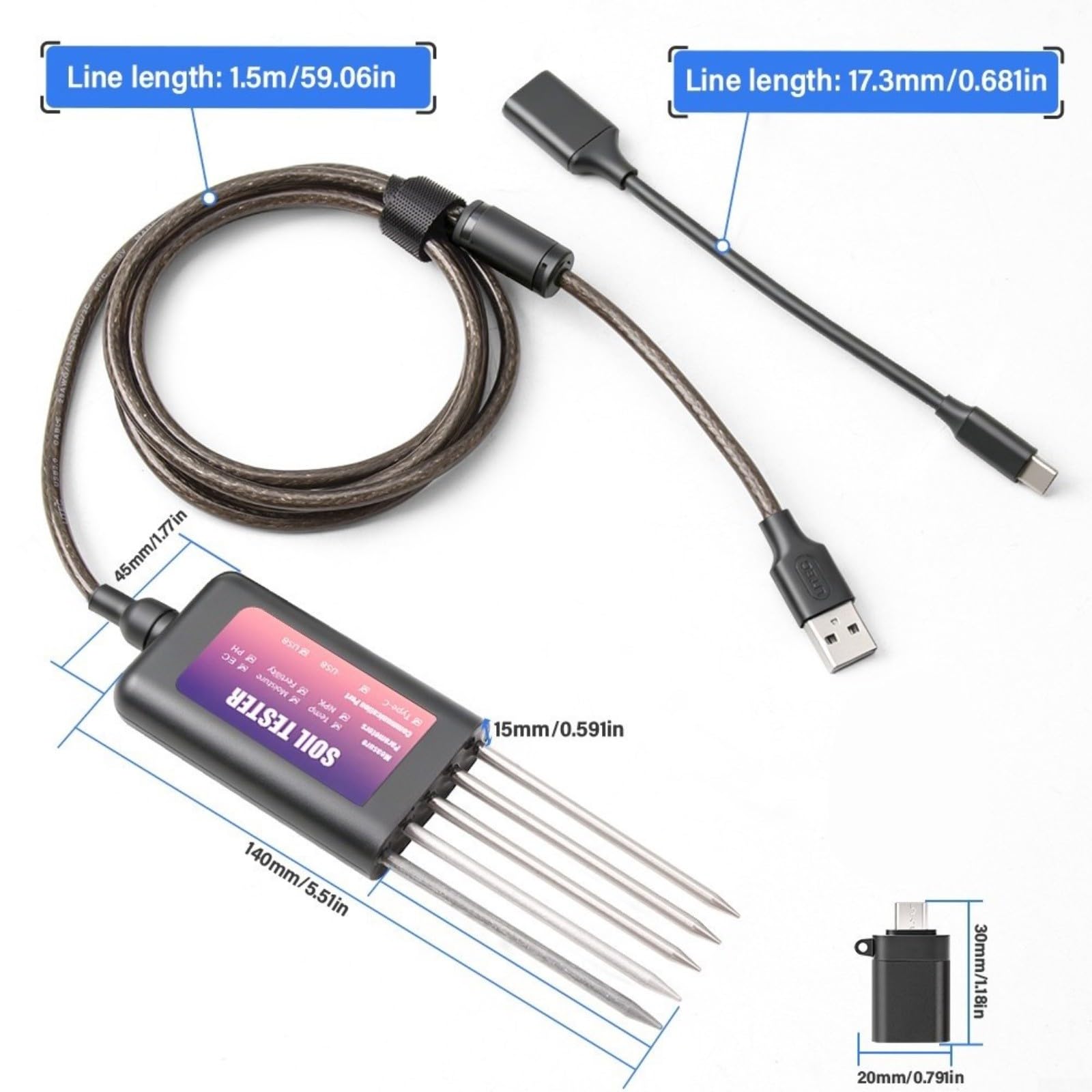 1 paquete para probador inteligente de suelo NPK medidor de temperatura de humedad pH para monitoreo de granja de jardín datos en tiempo real IP68 impermeable negro
