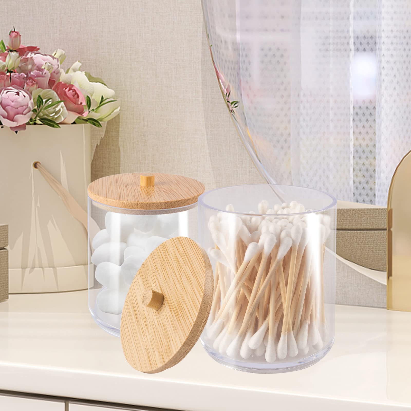 Lot De 4 Boîtes à Cotons-tiges Acrylique Avec Couvercles Bambou - Rangement Salle De Bain