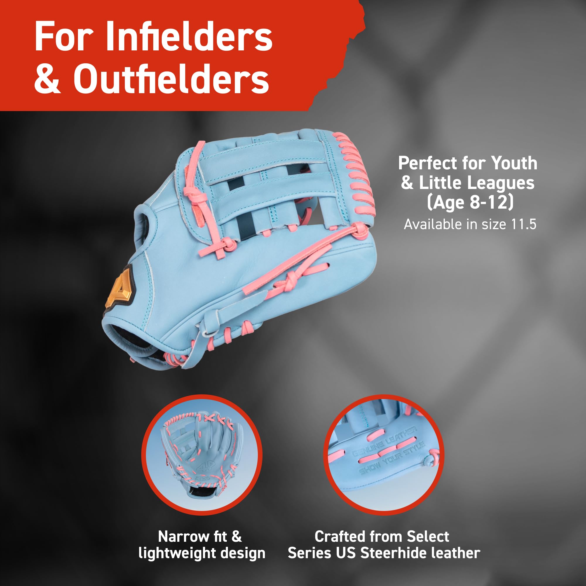 BB Stock Rise Baseball Glove for Youth & Little Leagues, Age 8-12, Infield & Outfield, 11.5", H-Web, Easy Break-in, Narrow Fit & Lightweight Design