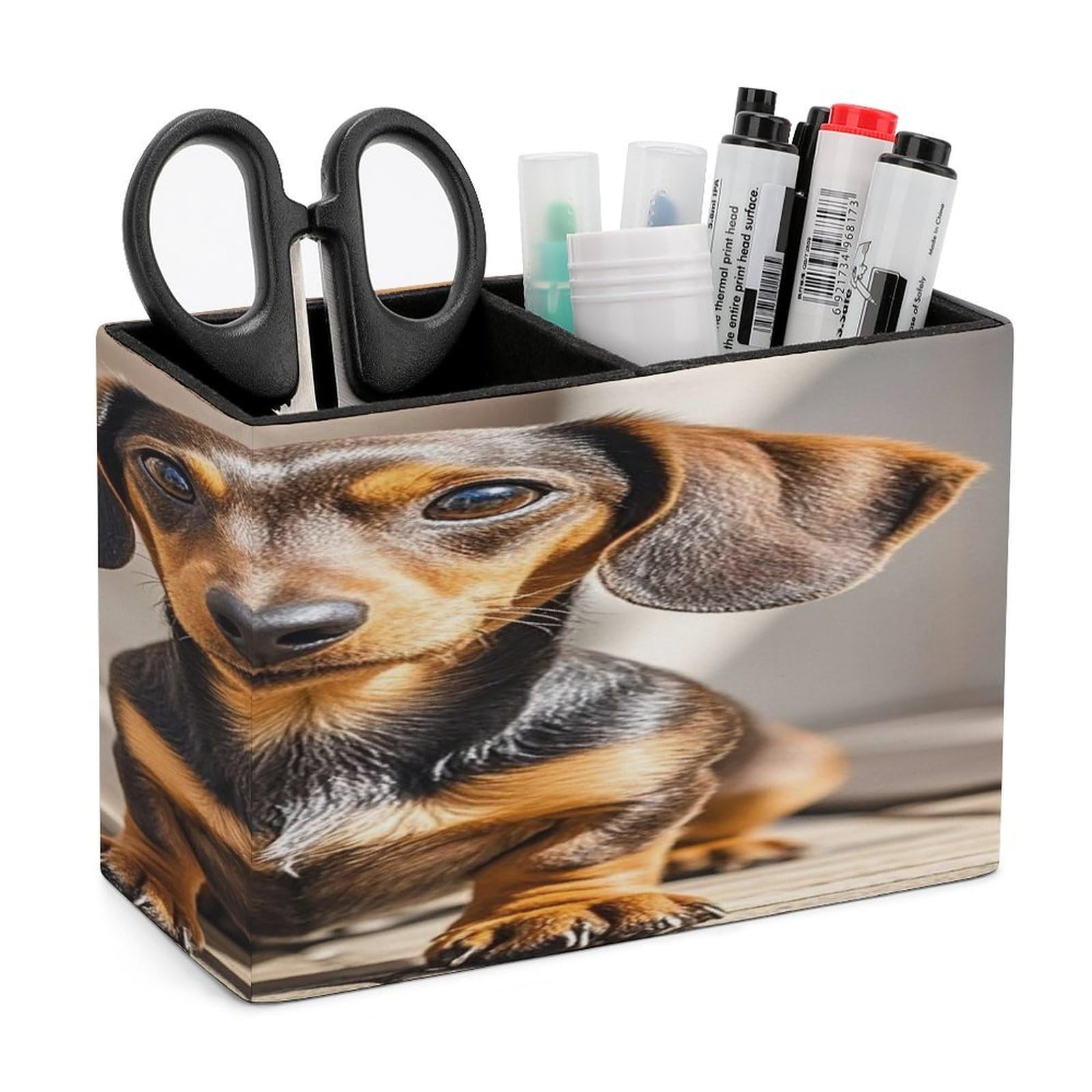 LZQPOEAS Pad Dachshund Dog Leather Pen Holder with 2 Compartments Luxury Pencil Holder Minimalist Pencil Cup Brush Scissor Holders Elegant Pen Cup for Office Home Desk Accessories
