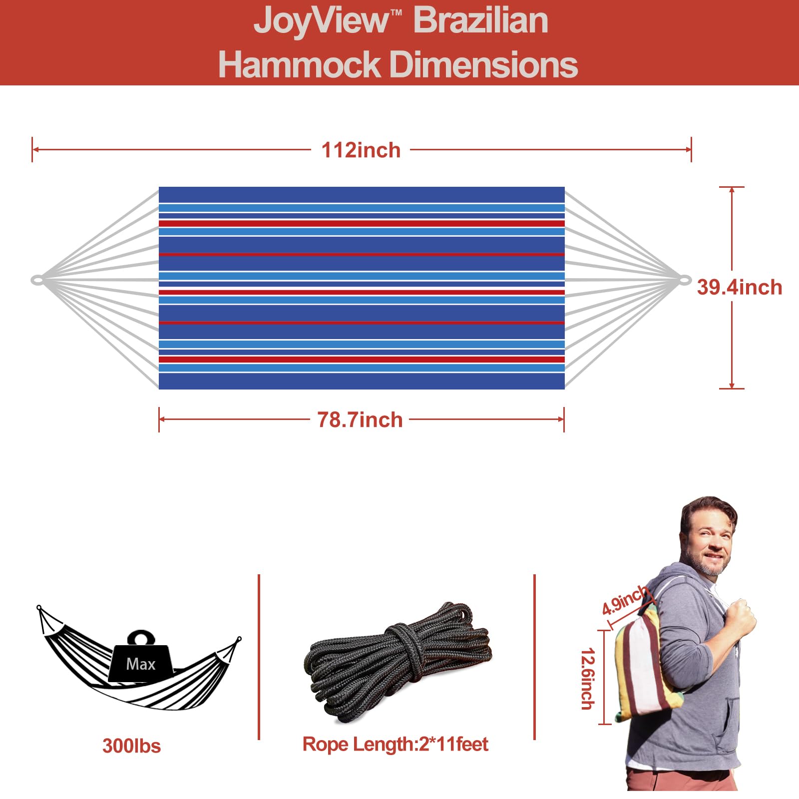 JoyView Brasilianische Hängematte für Einzelperson, tragbare Baumwoll-Hängematte mit Seilen zum Aufhängen und Tragetasche, 200 x 100 cm, 136 kg Kapazität, perfekt für drinnen und draußen, blaue