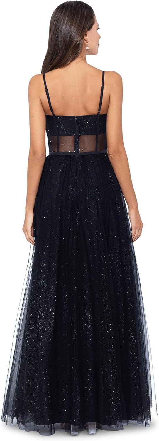 Betsy & Adam Long Glitter Mesh Ballgown Black 6