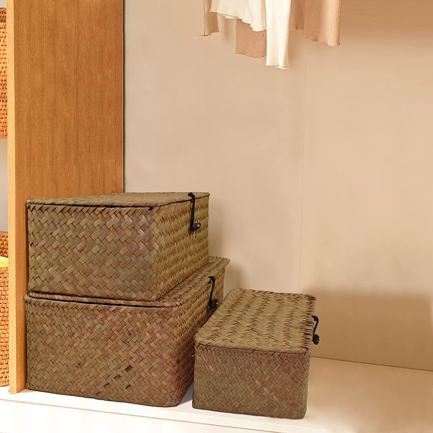 Set di 3 cestini in vimini con coperchi, scatola portaoggetti rettangolare in rattan naturale, organizer per biancheria da letto, soggiorno, casa