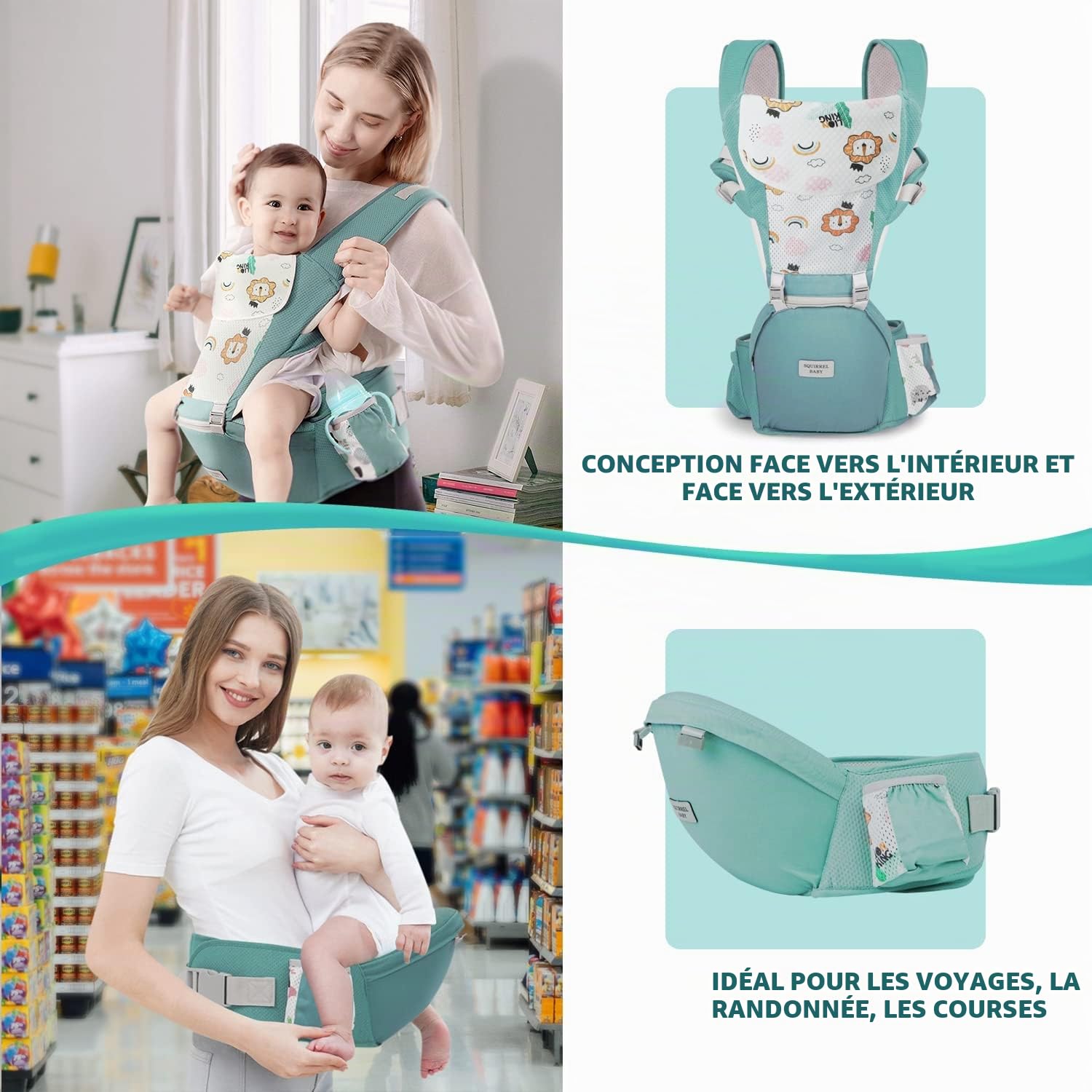 Porte Bébé,Siège de Hanche Multifonction pour Porte Bebe de 3 à 36 mois, 6 en 1 Façons de Transporter,Taille Réglable,Pour Nouveaux Nés Et Bébés de 3 à 20 kg