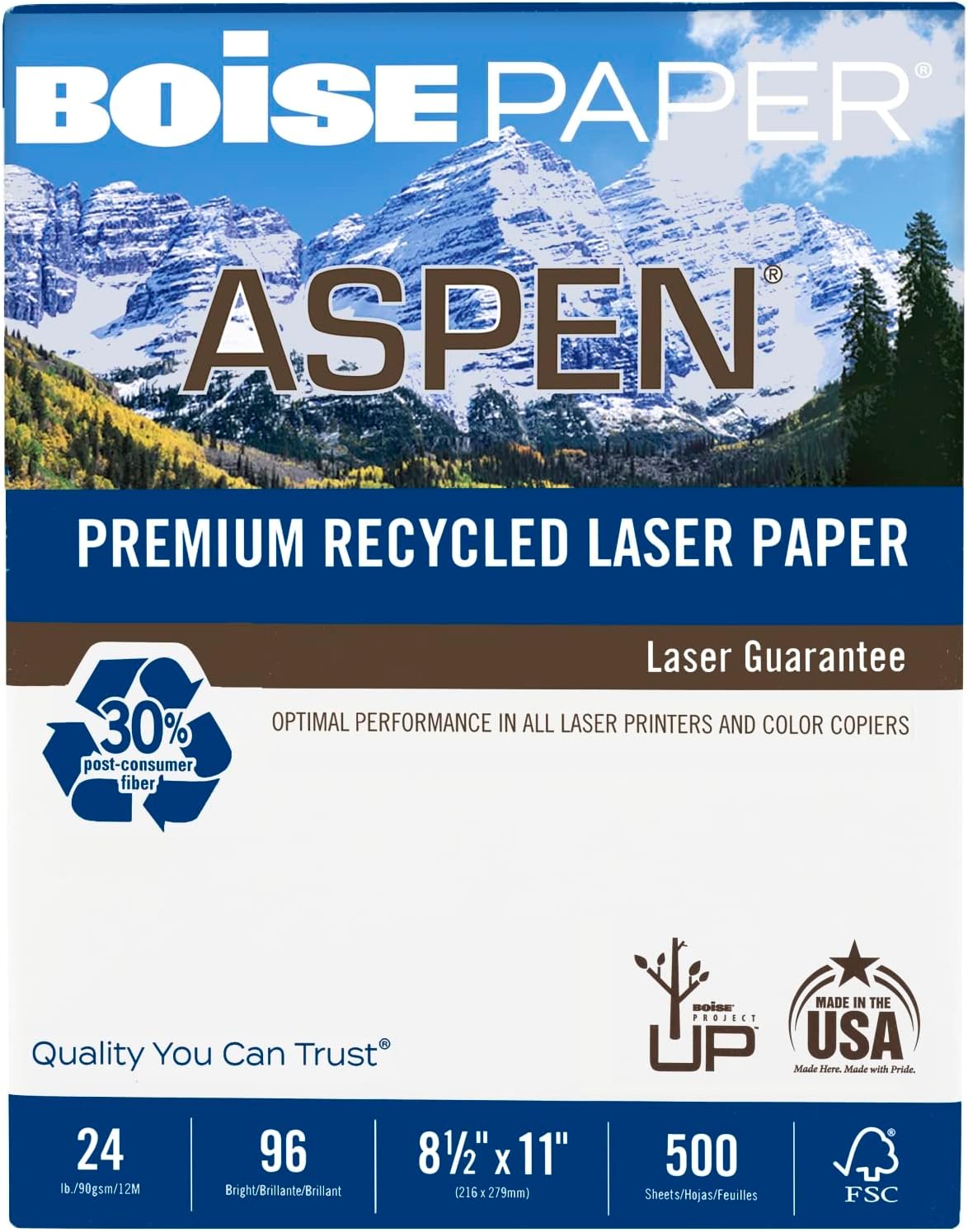 Boise ASPEN® Laser Paper, 1 Ream, White, Letter Size (8 1/2" x 11"), Ream Of 500 Sheets, 30% Recycled, FSC® Certified, 2