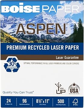 Boise ASPEN Laser Paper, 1 Ream, White, Letter Size 8 1/2" x 11", Ream Of 500 Sheets, 30% Recycled, FSC Certified, 2