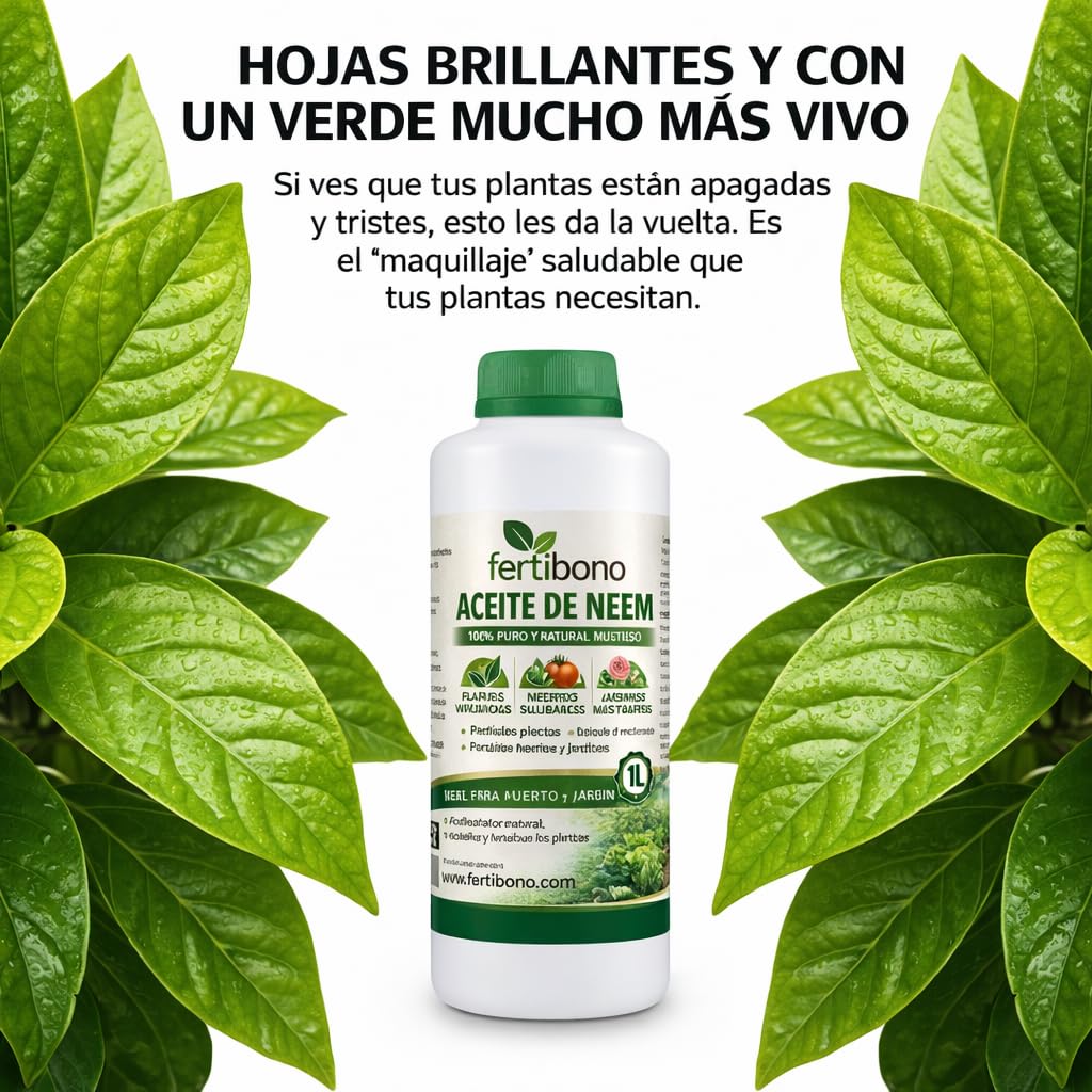FERTIBONO Aceite de Neem 100% Puro, 1 L, Prensado en Frío, Multiusos para Plantas, Huerto y Jardín