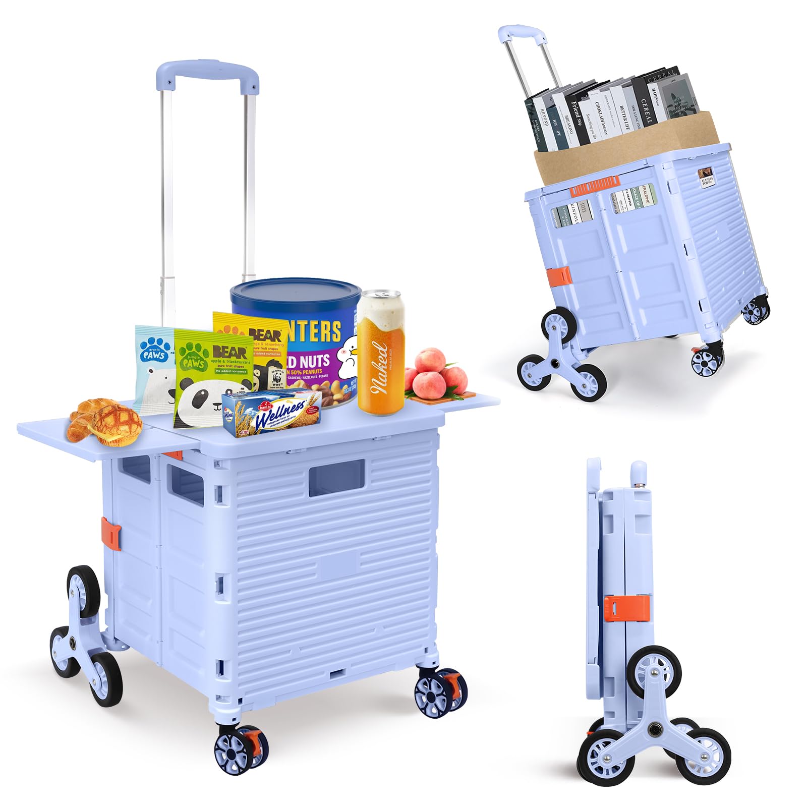 Foldable Utility Cart Collapsible Portable Crate Rolling Carts with Stair Climbing Wheels Tote Basket with Magnetic Lid Telescopic Cover