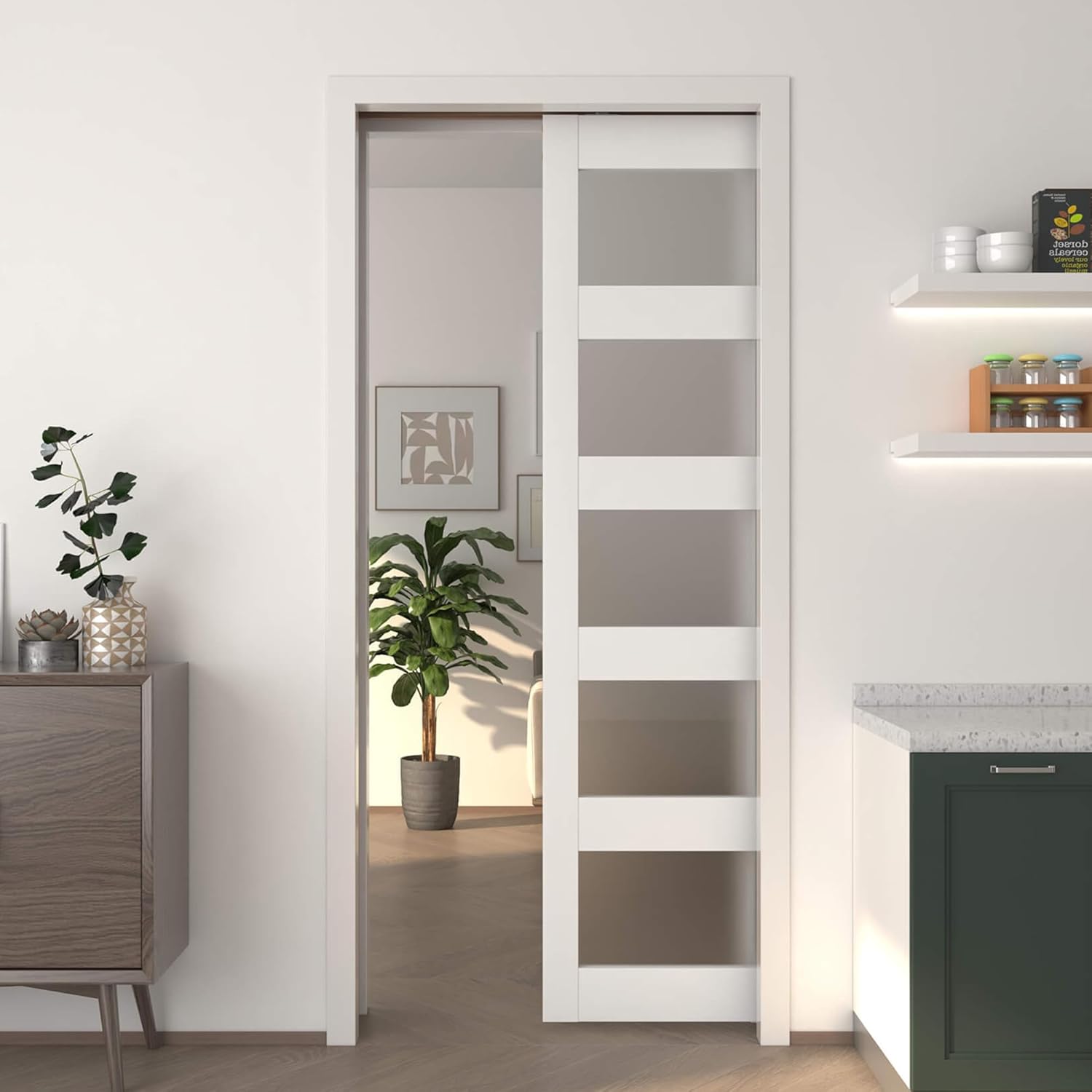 JUBEST Pocket Door 32"x80", 5-Panel Tempered Frosted Glass Sliding Pocket Door with Soft Close Pocket Door Frame Kit, Water-Proof PVC Surface, Assembly Needed, White 32x80 Inch