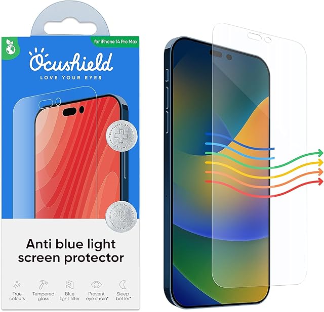 Ocushield Anti Blue Light Tempered Glass Screen Protector for iPhone 14 Pro Max 6.7" - Protect Your Eyes, Reduce Migraines & Improve Sleep
