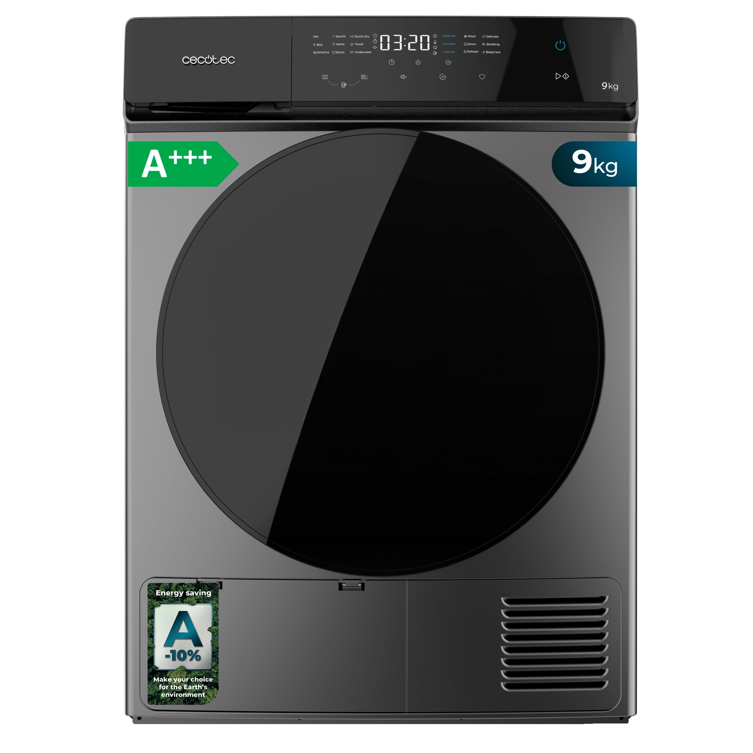 Cecotec Wärmepumpentrockner - 9 kg - Bolero DressCode Dry 9400 Steel A+++. 600W, niedriger Verbrauch, Full Touch, Easy Iron, 15 Programme, automatische Trocknung und Edelstahltrommel