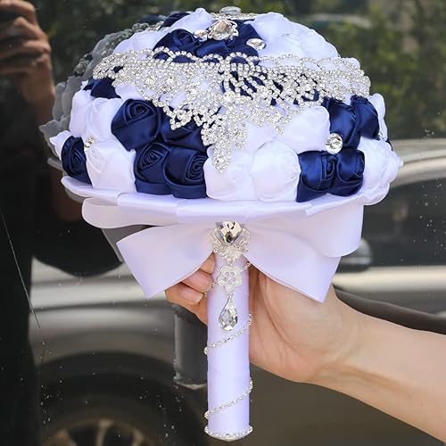 Miniatura 7 de Ramo de novia de lujo hecho a mano, rosa de seda grande, ramos de flores artificiales con cinta de satén, perlas de diamantes de imitación para