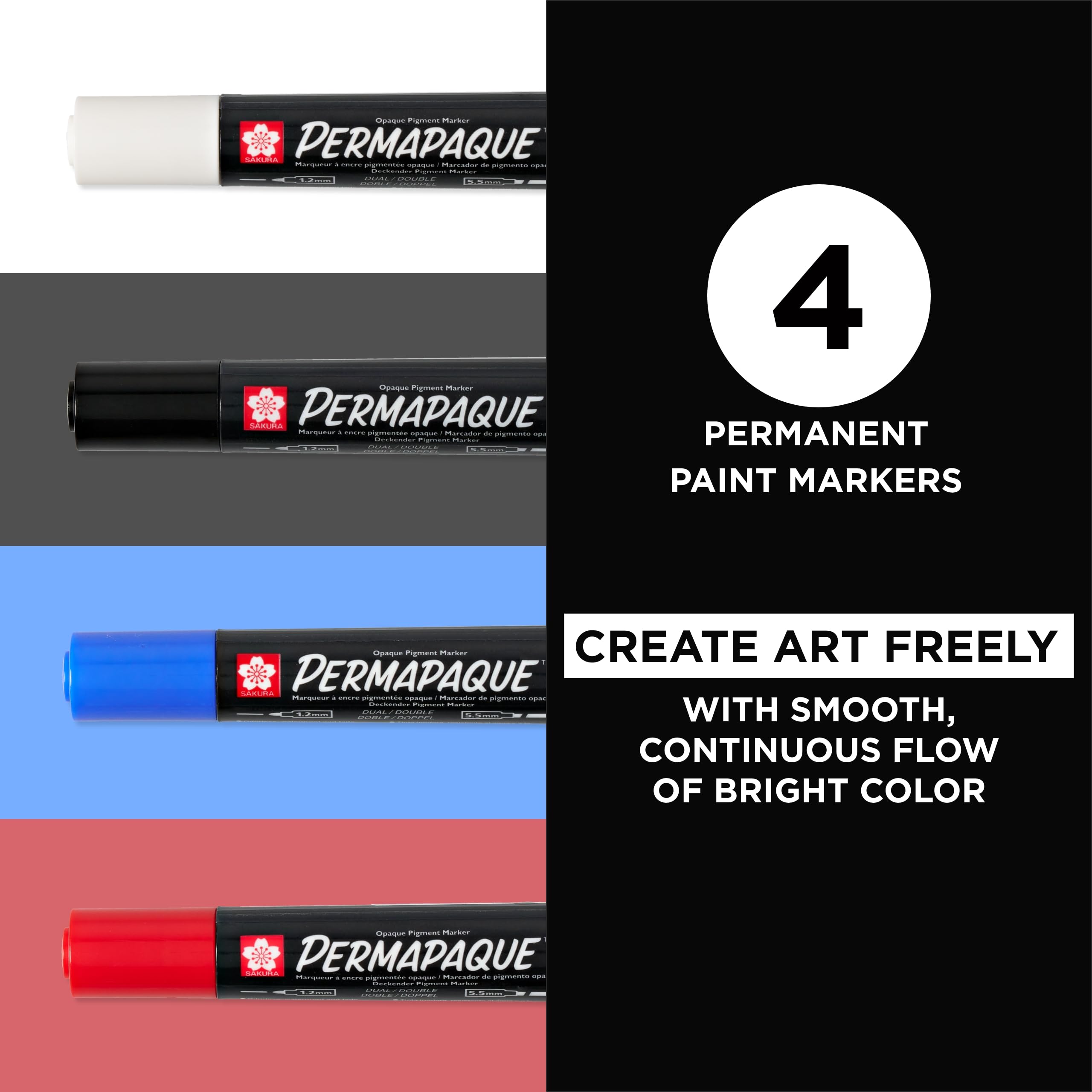 Sakura Permapaque Paint Markers - Assorted Colors - 1.2 & 5.5 mm Dual Point Markers Pens - 4 Pack