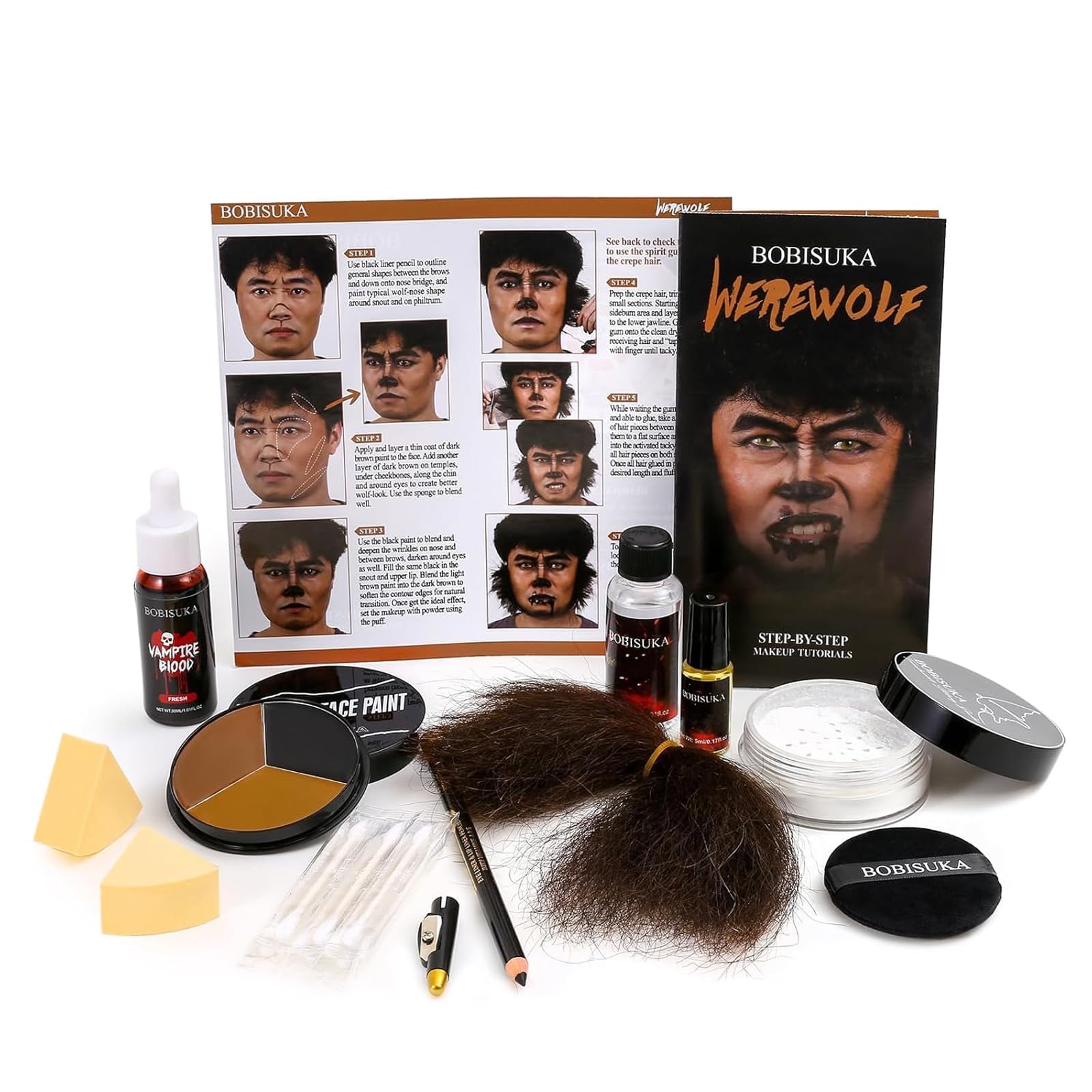 Halloween Werewolf Makeup Kit, Wolf-man SFX Make Up Kits Character Set with Face Paint, Crepe Hair & Fake Blood for Special Effects Costume Makeup, Theater, Cosplay & Party